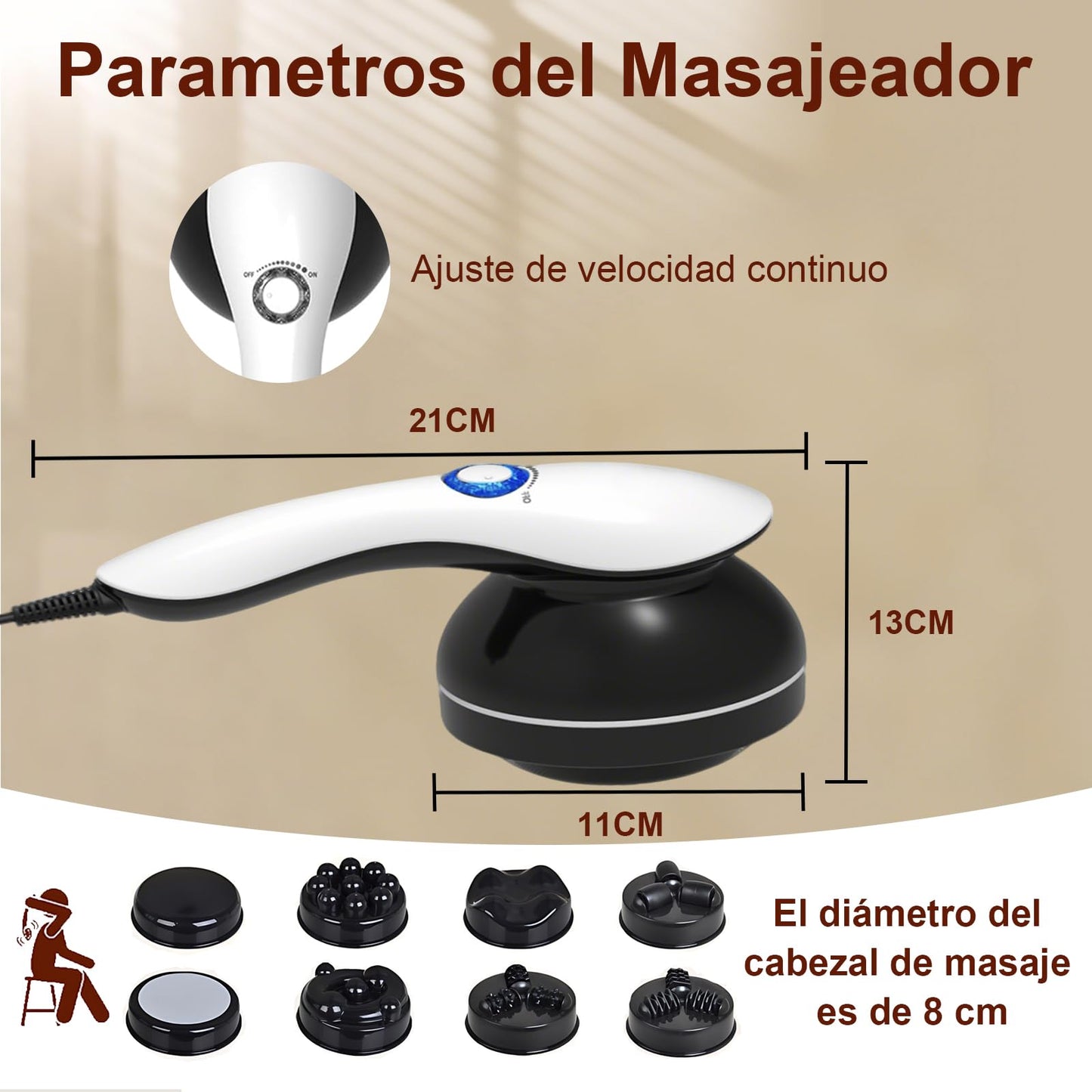 Masajeador Electrico, Con 8 Cabezales de Masaje y Mango Antideslizante, Masajeador de Espalda, Utiliza para Aliviar Dolores Musculares, Reafirmar el Cuerpo Masajeador Muscular