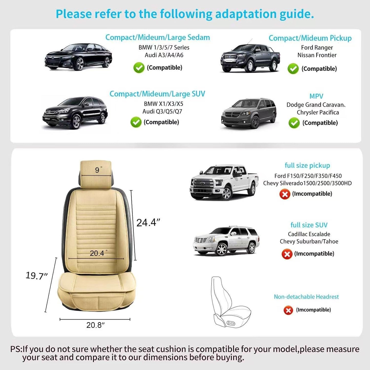 Sunny Color 2 Fundas de Asiento de Coche, Protectores de Lujo Universales Antideslizantes para Asiento del Conductor, Fundas Delanteras de Piel Sintética (Beige)