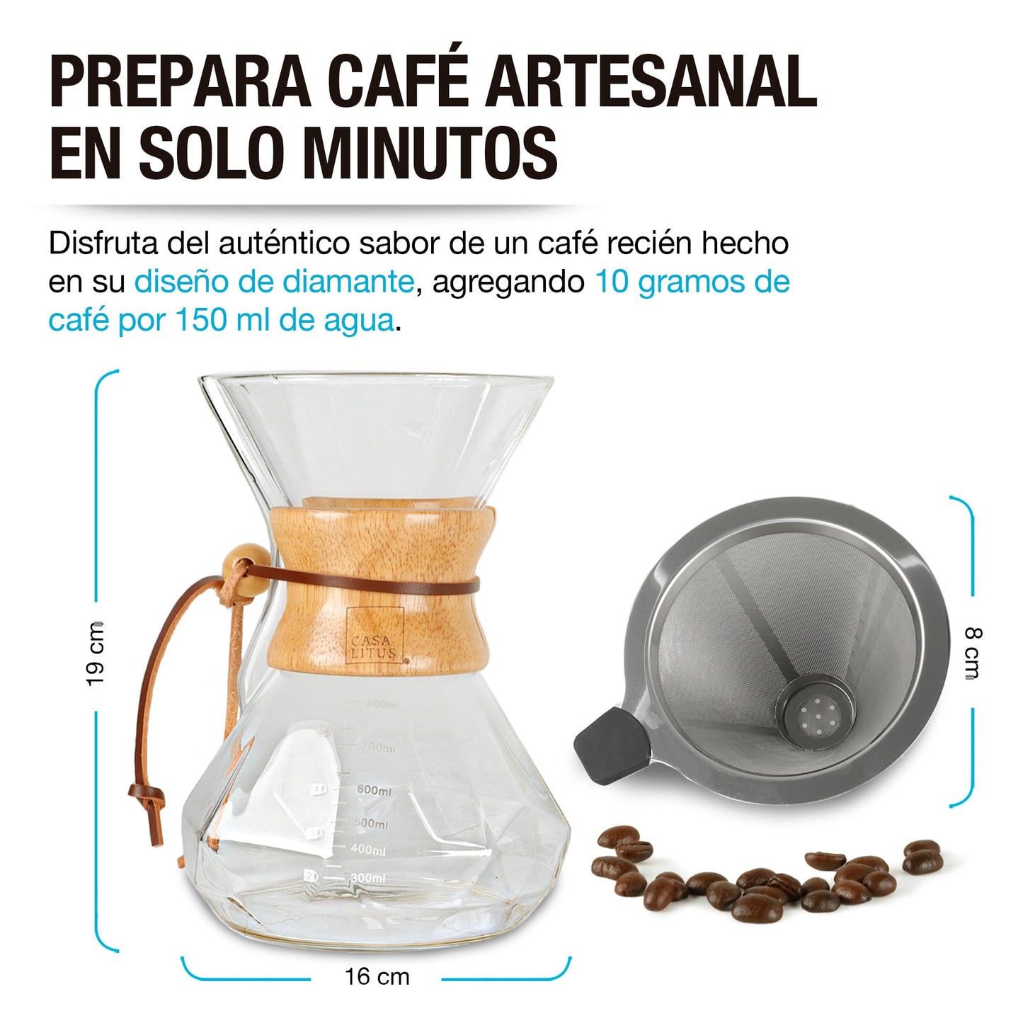 CASA LITUS Cafetera tipo Chemex Grande (800 ml) con Filtro Reutilizable de Acero Inoxidable, Cafetera de Goteo Pour Over Café Molido, Agarradera de Bambú y Vidrio de Borosilicato, Rinde 4 Tazas.