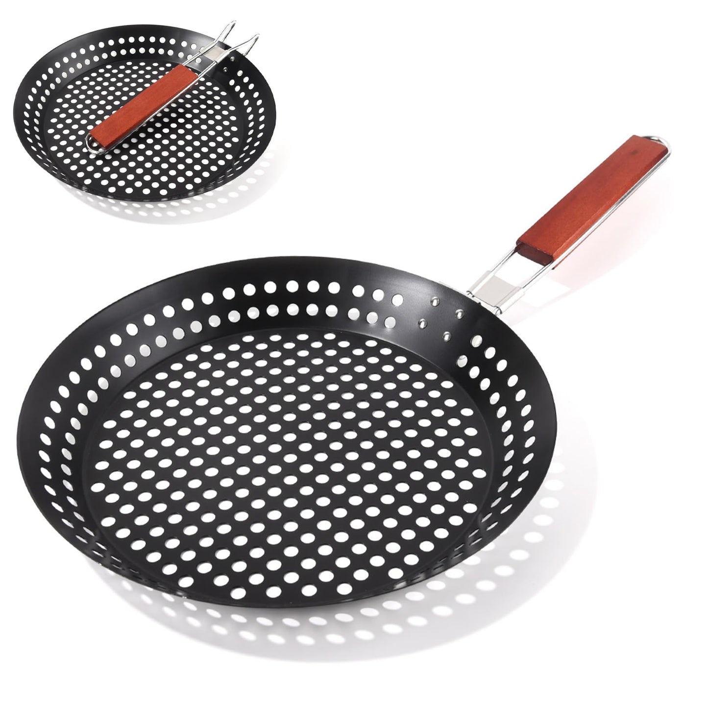 AUERQXZ Sartén Antiadherente para Asar con Mango Plegable y Diseño de Sartén Perforada de Acero al Carbono, Adecuada para Asar al Aire Libre y Cocinar Verduras y Mariscos