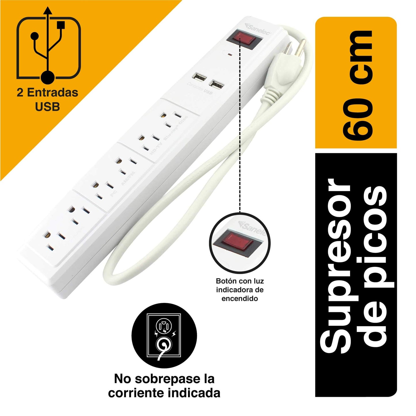 Barra Multicontacto Sanelec Blanco con Supresor de Picos y 2 USB para Protección de Sobrecargas