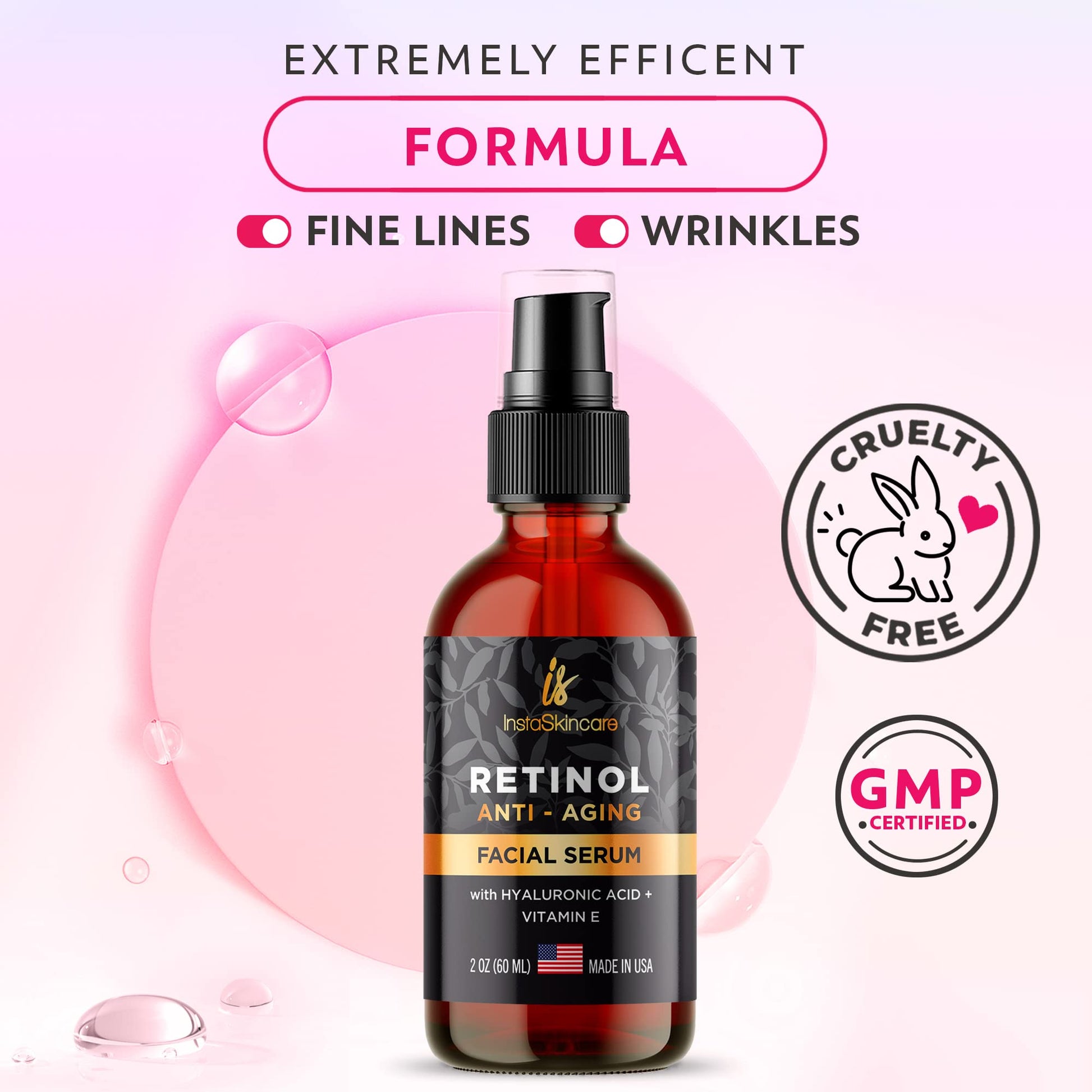 Retinol serum for skin (2oz) with Hyaluronic Acid + Vitamin A and E + Aloe Vera Anti aging moisturizer - Fade Dark Spots - Clinical Strength Formula