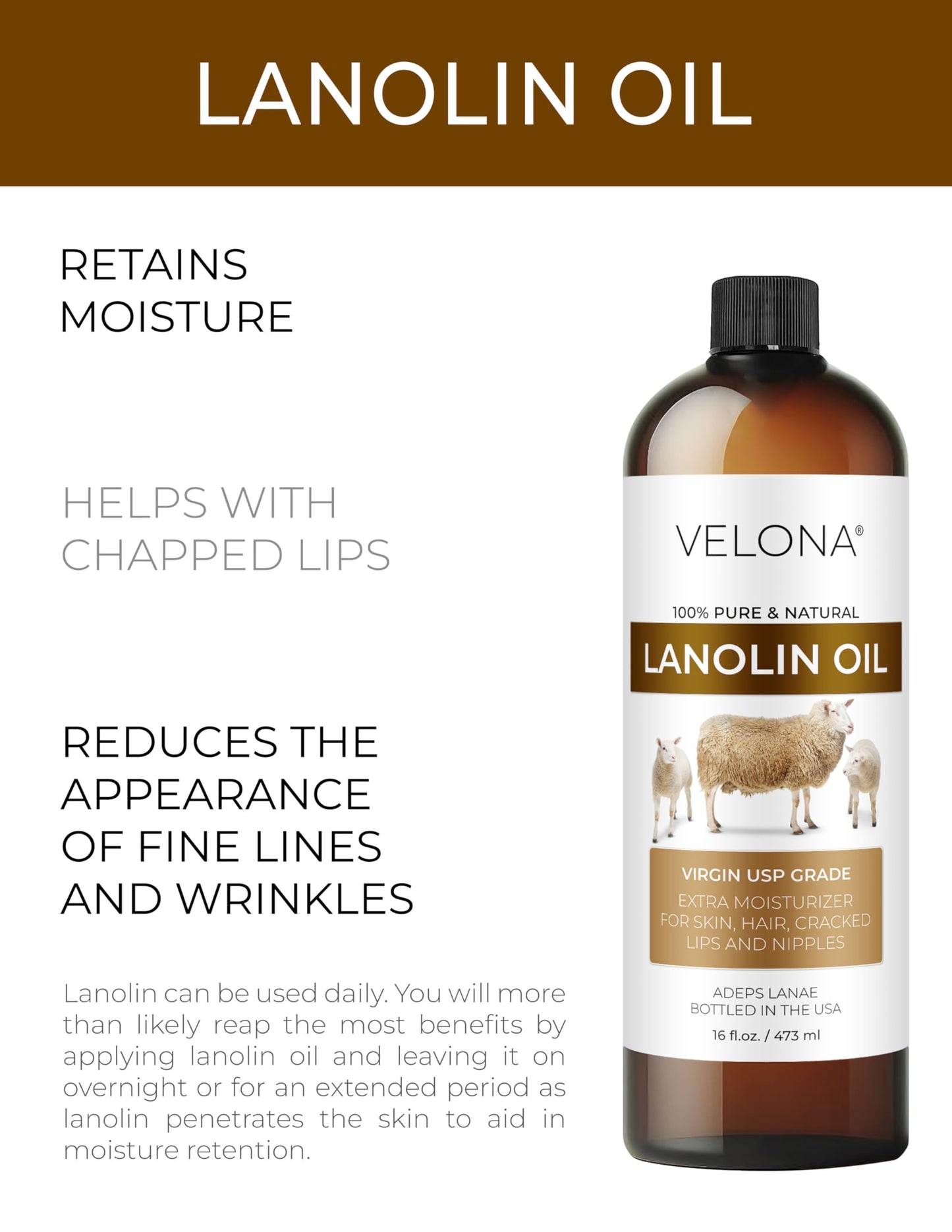 Lanolina Orgánica Pura 100% Refinada y Prensada en Frío | Hidratante Natural para Piel, Cabello y Cuerpo | Grado USP | Ideal para Acondicionar y Suavizar | Disponible en Diferentes Tamaños | Velona 473,18ml