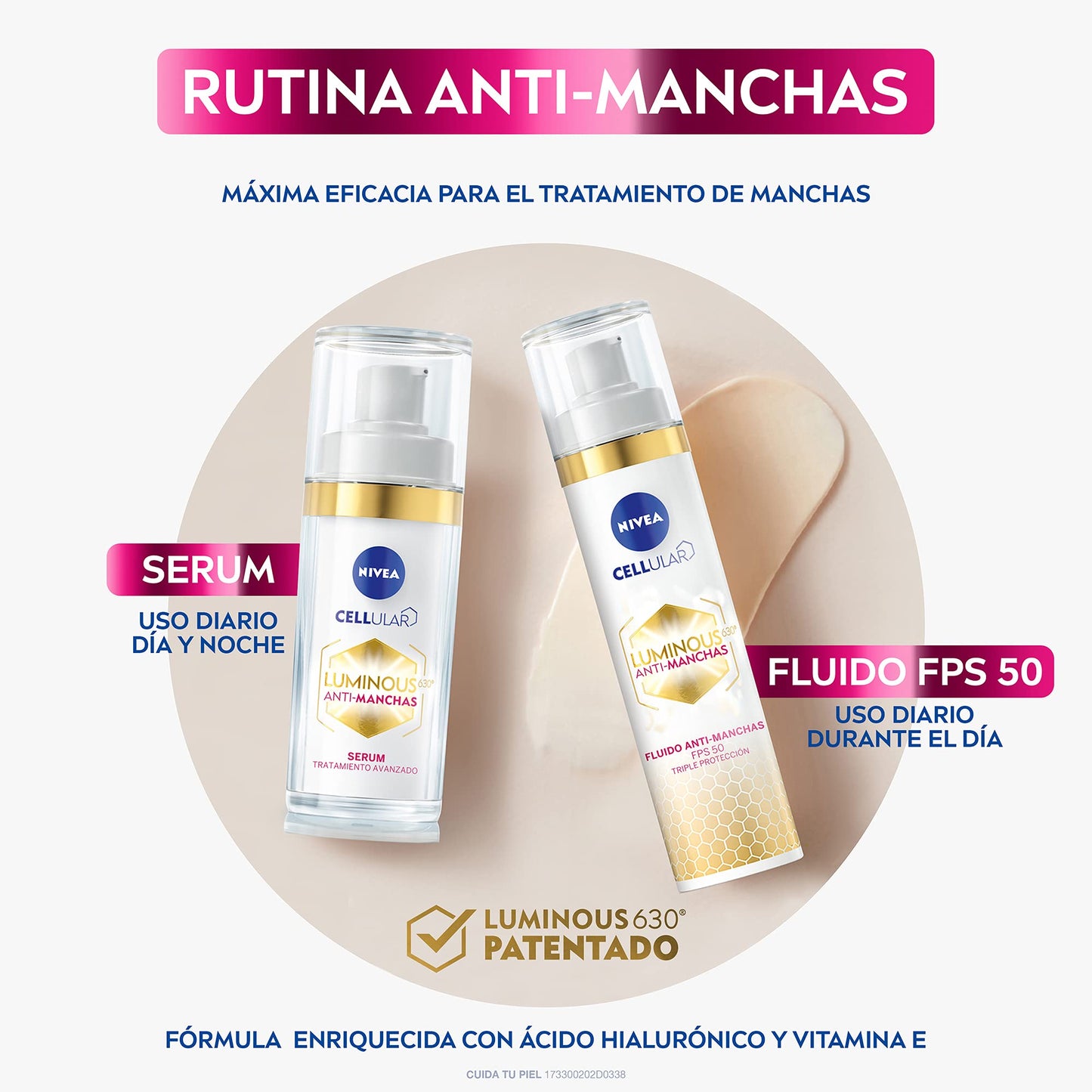 NIVEA Rutina Anti-manchas Rutina Facial Completa Luminous 630 (2 piezas), Enriquecida con Ácido Hialurónico Serum facial 30 ml + Fluido facial FPS50 con Vitamina E 40ml
