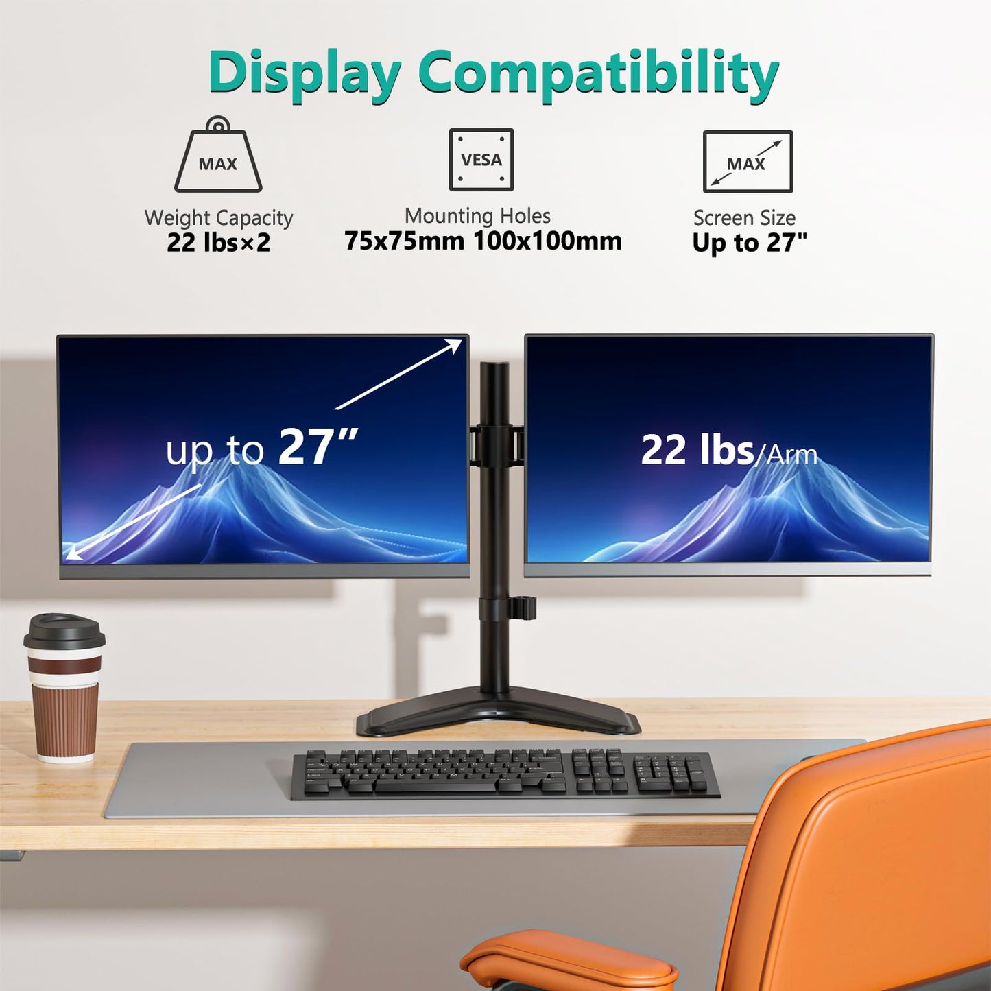 Soporte Doble Monitores WALI Negro con Ajuste de Altura para Escritorio