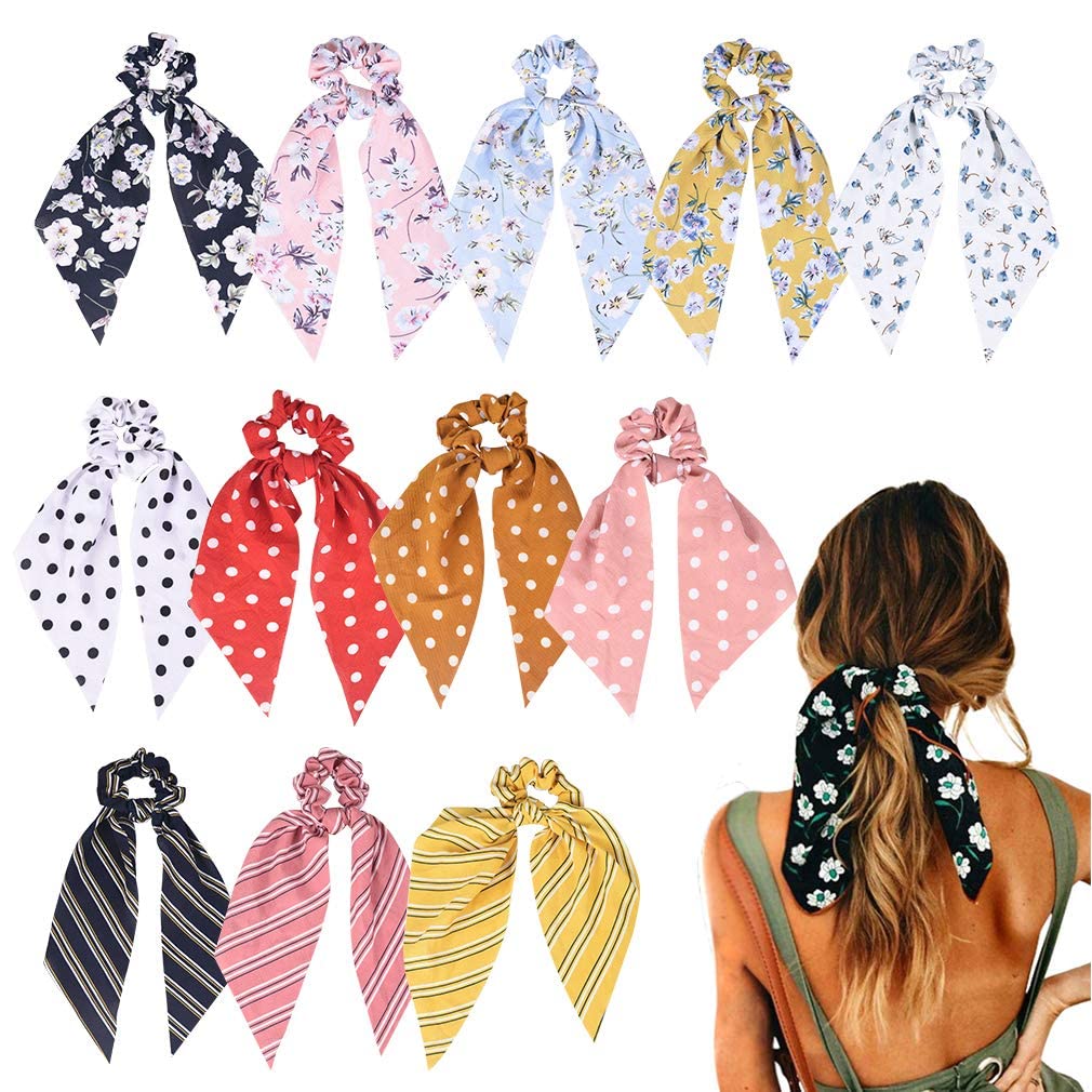 Pack de 12 Scrunchies de Gasa con Estampado Floral - Accesorios Vintage para Peinado - Coleteros Elásticos para Mujer y Niña - Ligas para el Cabello Bowknot - Set de Coleteros de Moda.
