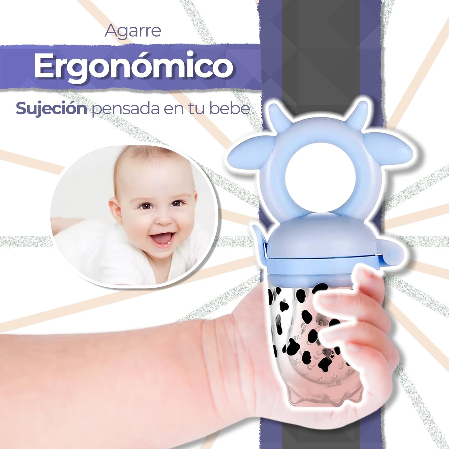 Chupón alimentador para frutas y papillas con seguro y tapa, 4 meses, dibujos animados (vaquita azul)