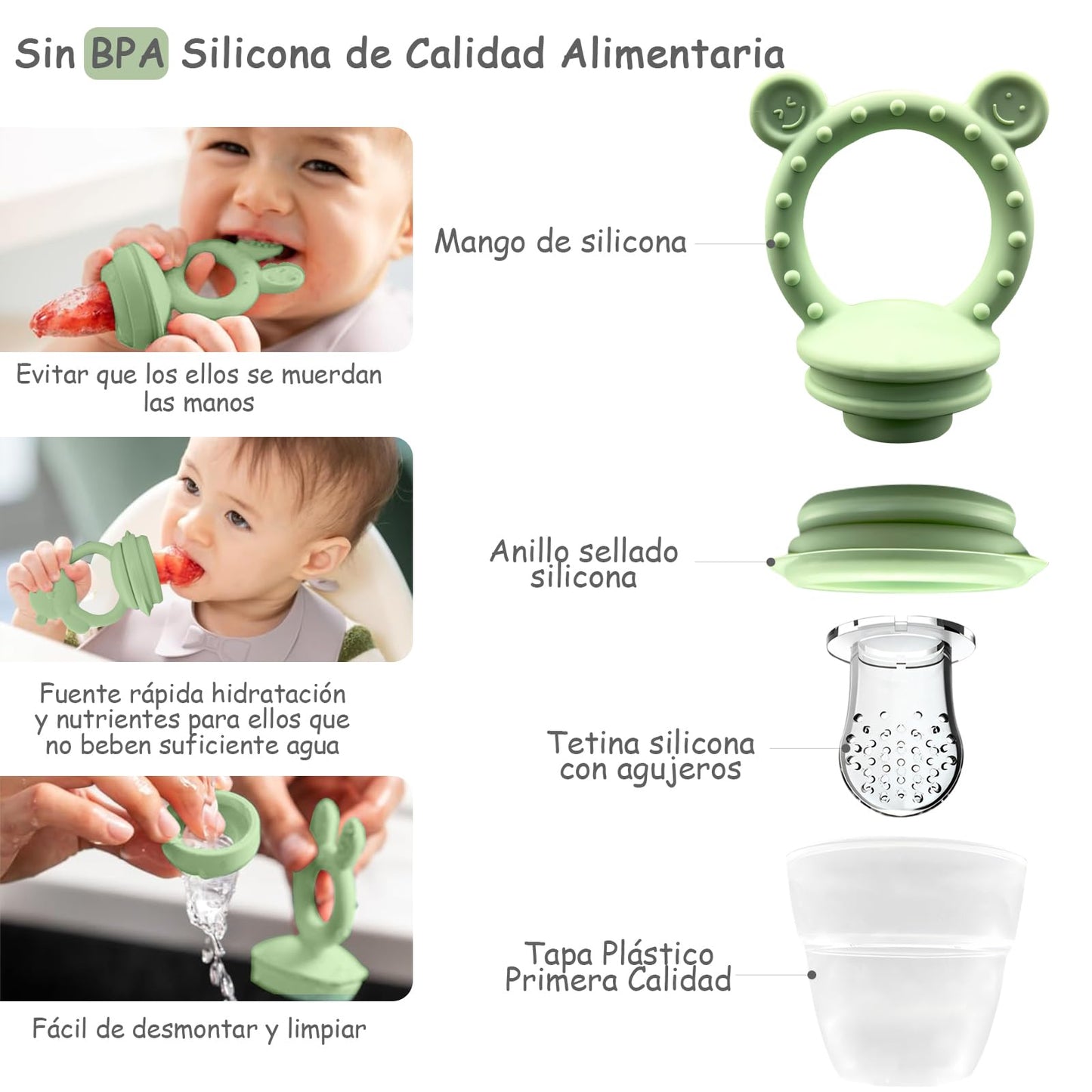 EHRHDKNS Bandeja Congeladora de Alimentos para Bebés Sin BPA, Adecuado para la Introducción Segura de Alimentos, Fruta y Papillas a Partir de los 4 Meses, Fortalece los Dientes del Bebé y le Ayuda a Comer Sano (Verde, Sonriente)