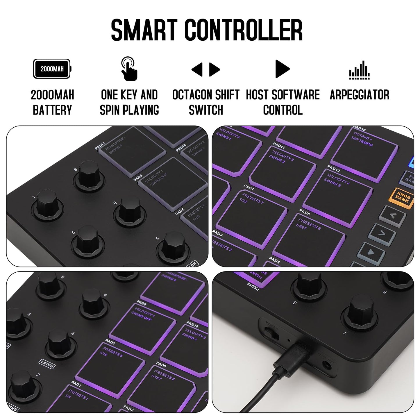 M-Wave-almohadillas para orejas de control MIDI inalámbricas,Bluetooth portátil USB MIDI con 16 almohadillas para orejas de batería MPC,8 perillas asignables,repetición de notas,botones de nivel,K5