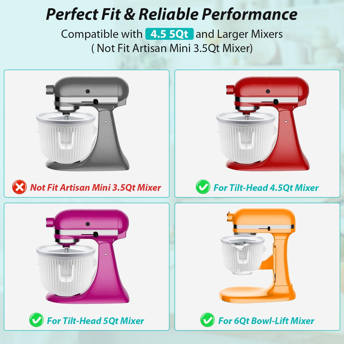 Accesorio para máquina de helados para batidora de soporte KitchenAid, tazón de helado compatible con batidoras de soporte de 4.5 cuartos y más grandes, accesorio para hacer helados y sorbete, 2