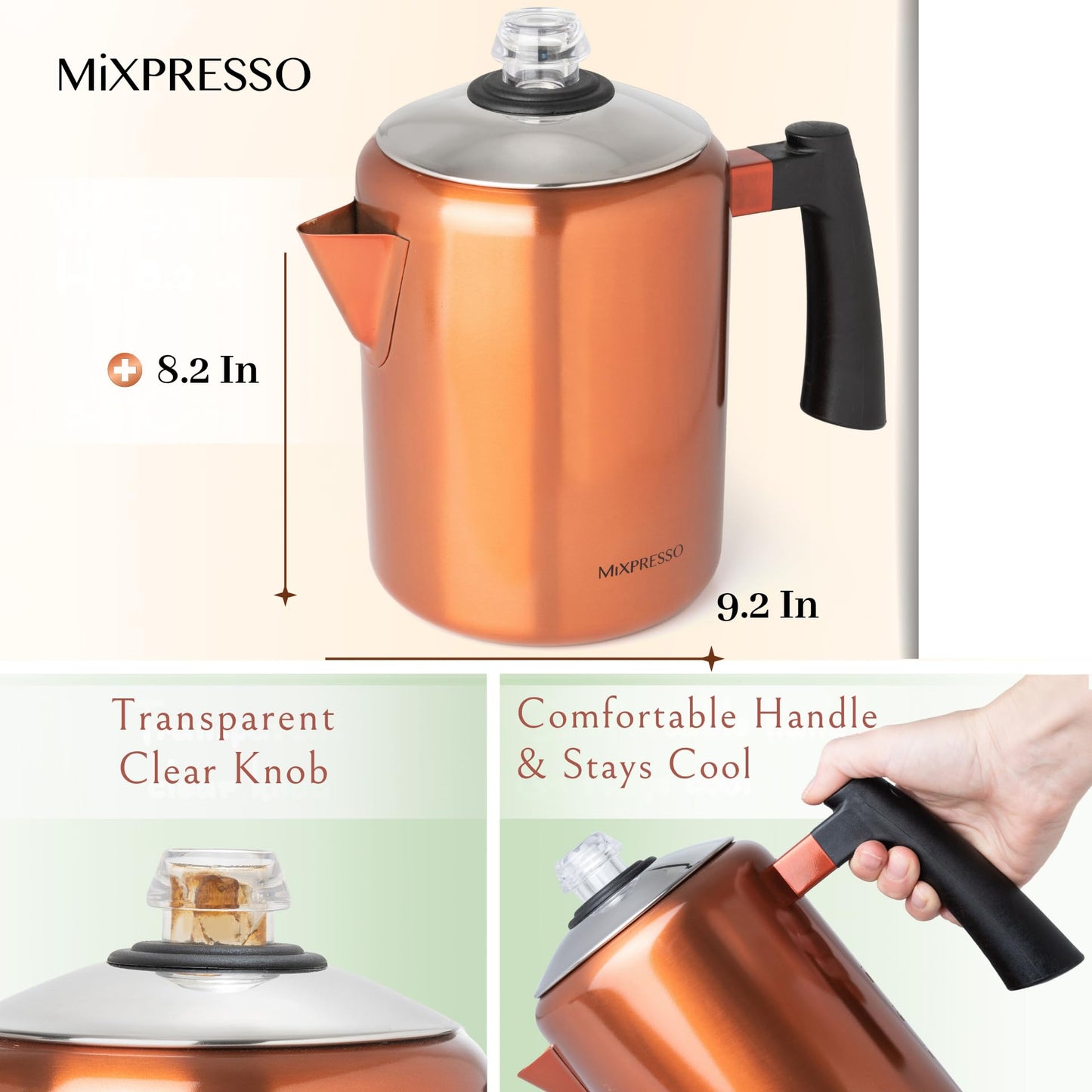 Estufa de Café Mixpresso Acero Inoxidable Cobre Mango de Tacto Frío 30 Onzas