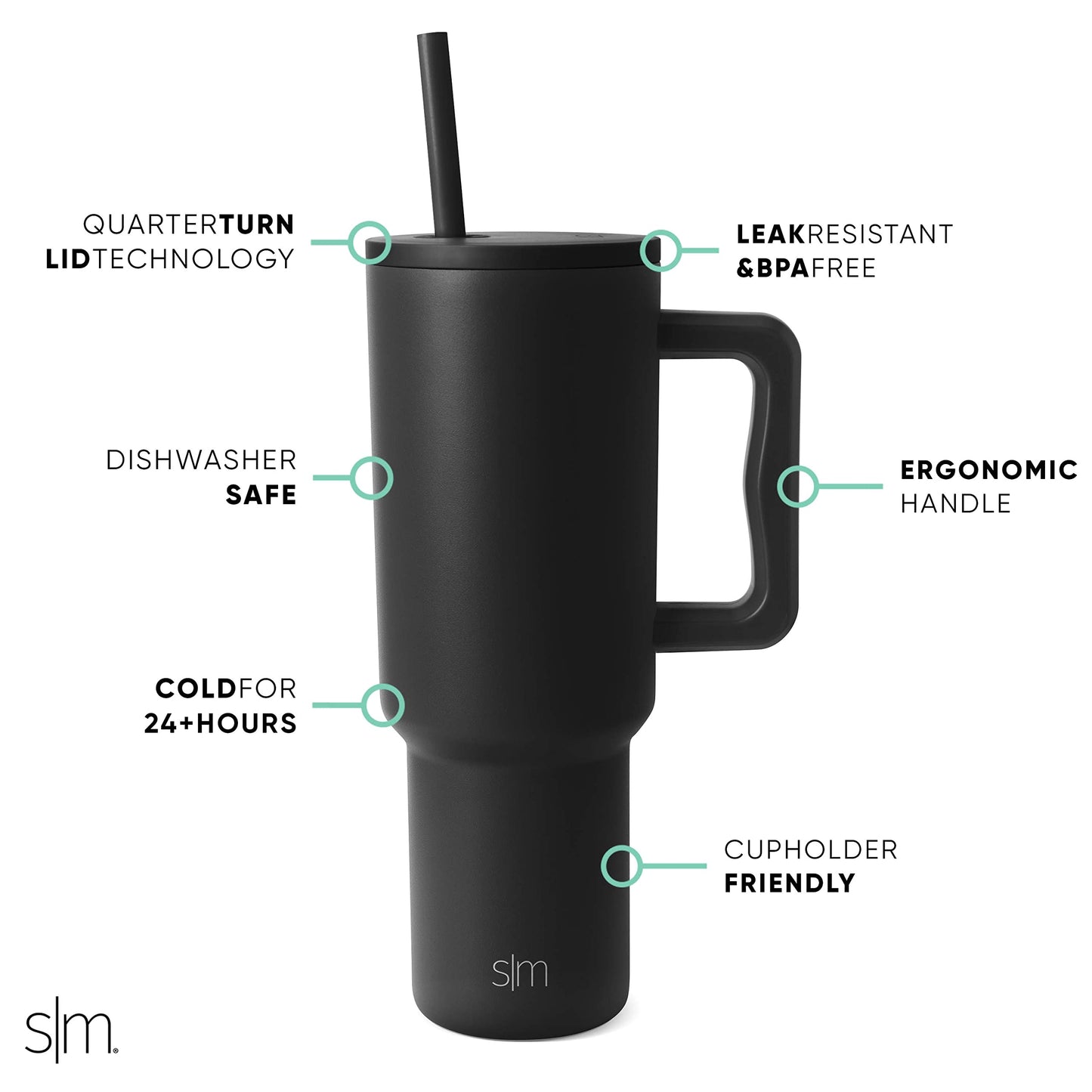 Vaso Térmico Simple Modern Midnight Black con Asa y Pajita 40 oz 1180ml Aislado Acero Inoxidable