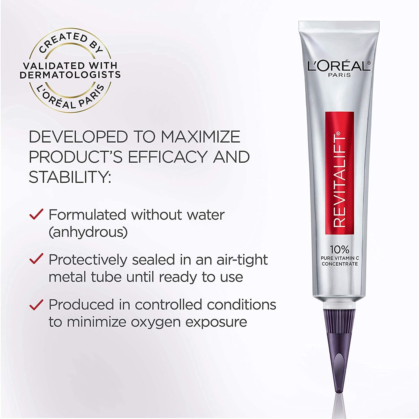Suero de vitamina C de L'Oreal Paris, Revitalift Derm Intensives Pure Vitamin C para piel radiante y más brillante, tono de piel uniforme y arrugas visiblemente reducidas, sin parabenos, no comedógeno