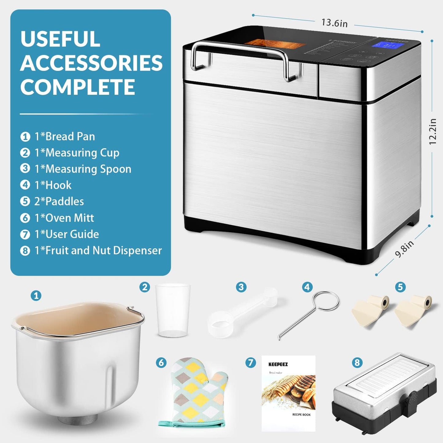 Máquina de pan de acero inoxidable 17 en 1, máquina de pan de 2 libras sin BPA antiadherente de 5 capas superior de cerámica fundida a presión, dispensador automático de frutos secos, 2 paletas y