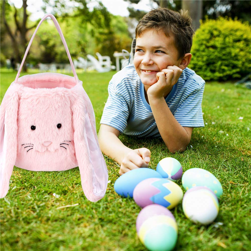 PKONEWNO Cesta de caza de huevos de Pascua, canasta de conejo de Pascua, cubos de Pascua largos para niños, niñas y bebés, Rosado, 8.26in/21cm*7.87in/20cm