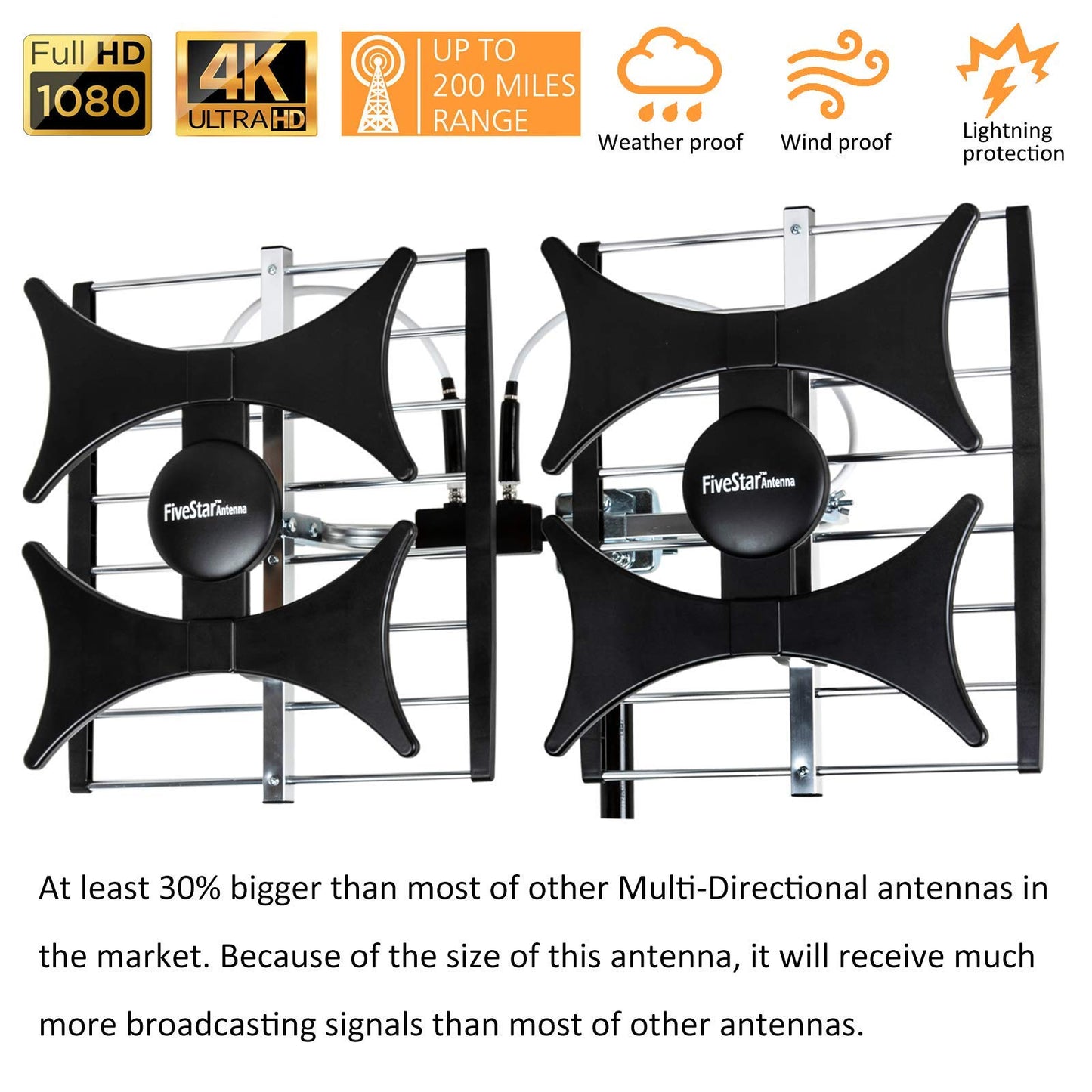 Five Star Antena multidireccional de 4 V HDTV amplificada – hasta 200 millas de alcance, UHF/VHF, interior, ático, exterior, 4K Ready 1080P FM con cable coaxial RG6 de 40 pies, poste de montaje