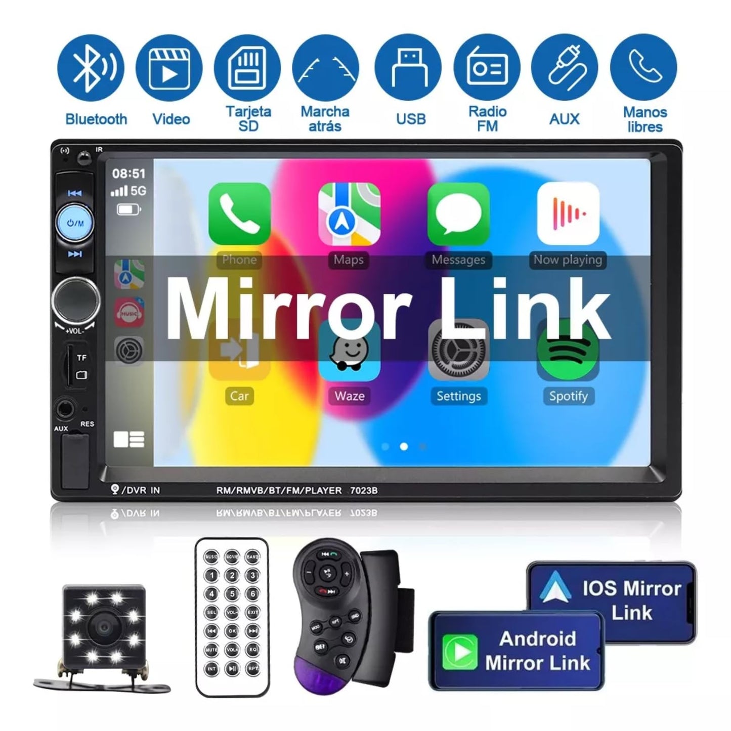HIMICAR Autoestéreo 2DIN con CarPlay y Android Auto, Pantalla Táctil 7", Bluetooth, Cámara Reversa, USB/AUX/TF, Compatible con Nissan Chevrolet VW Ford