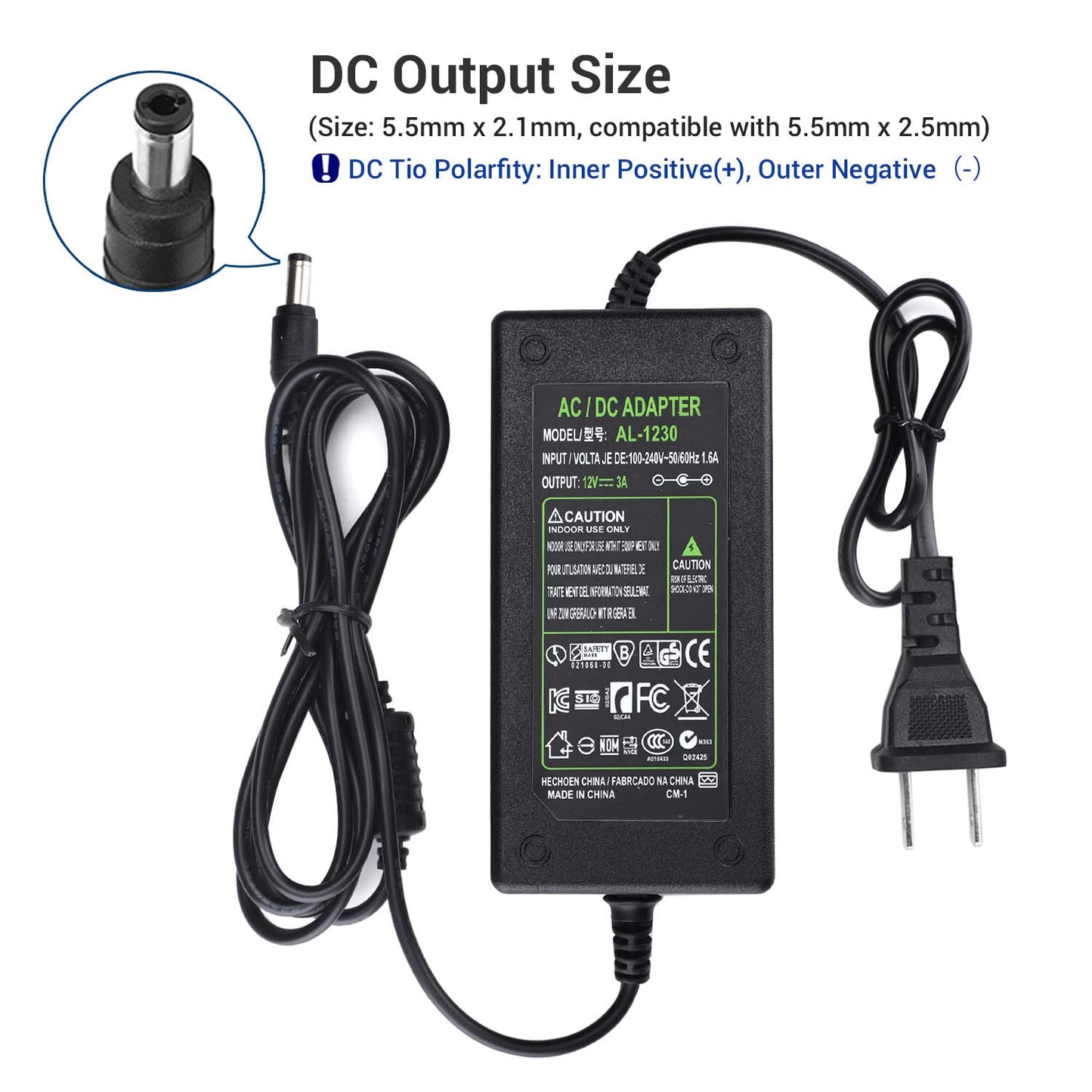 Adaptador de Corriente CC 12V 3A Enchufe EE. UU. Cable 4.6 Pies, Transformador CA a CC 12 Voltios