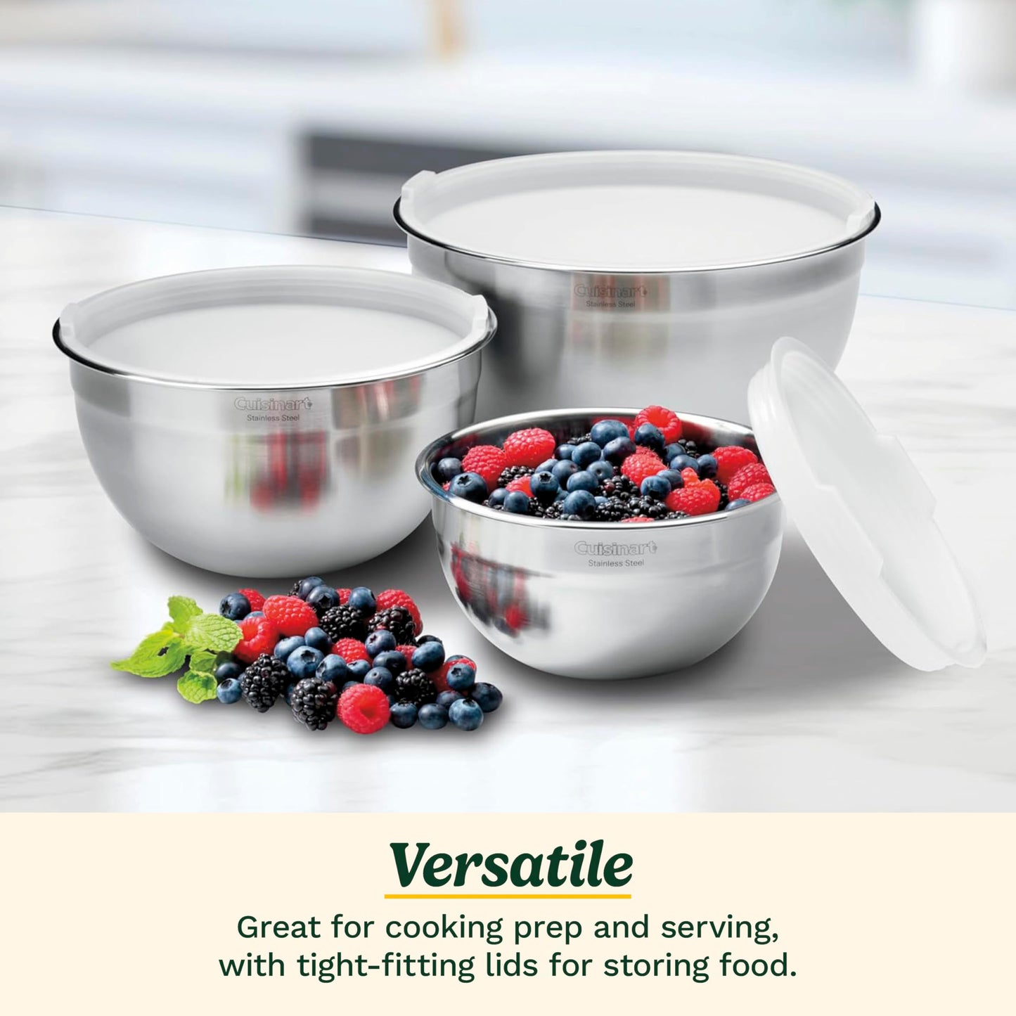Cuisinart CTG-00-SMB Set de 3 tazones para mezclar, hechos de acero inoxidable, con tapa