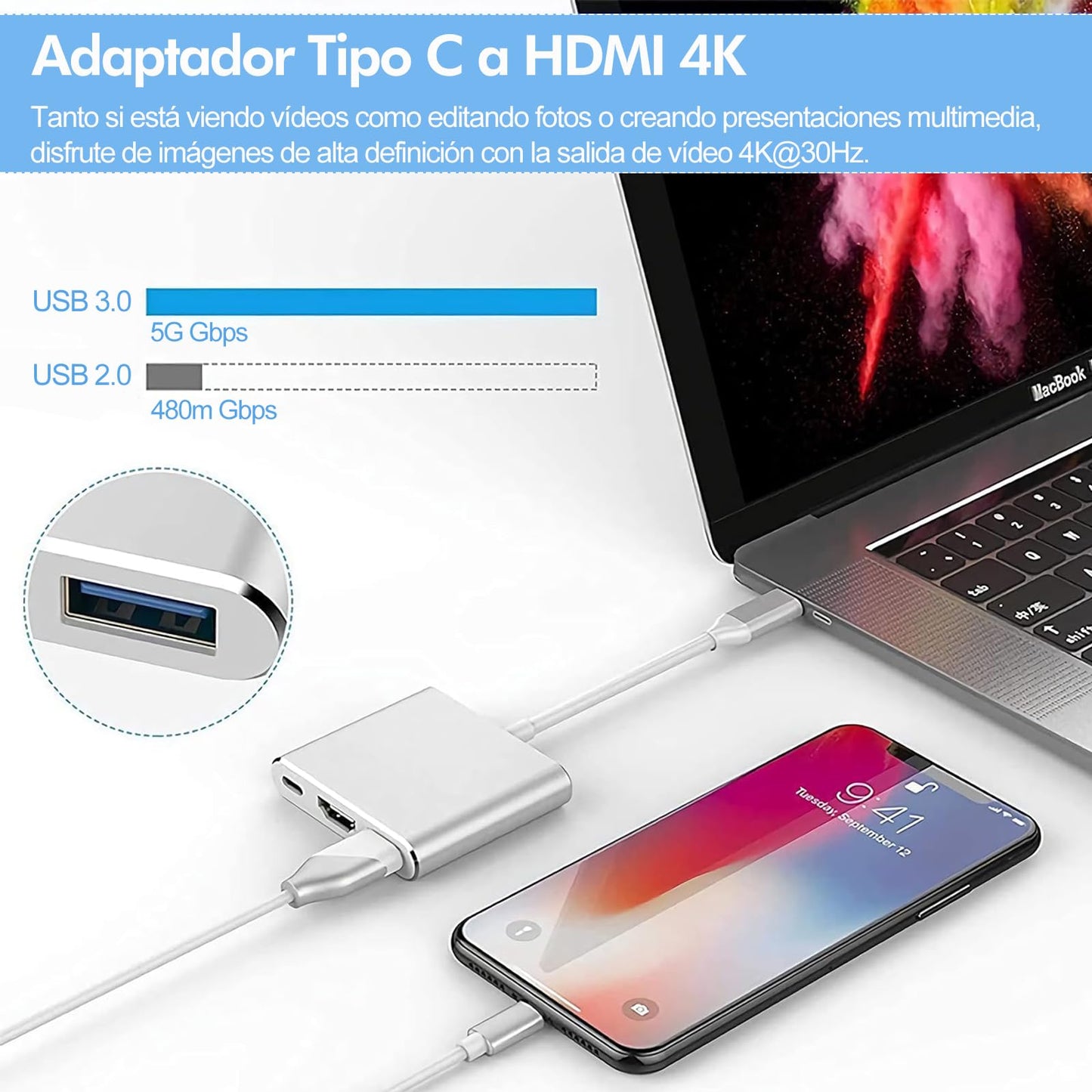 Adaptador USB C a HDMI JUWUBABS Plata 4K para Dispositivos USB-C