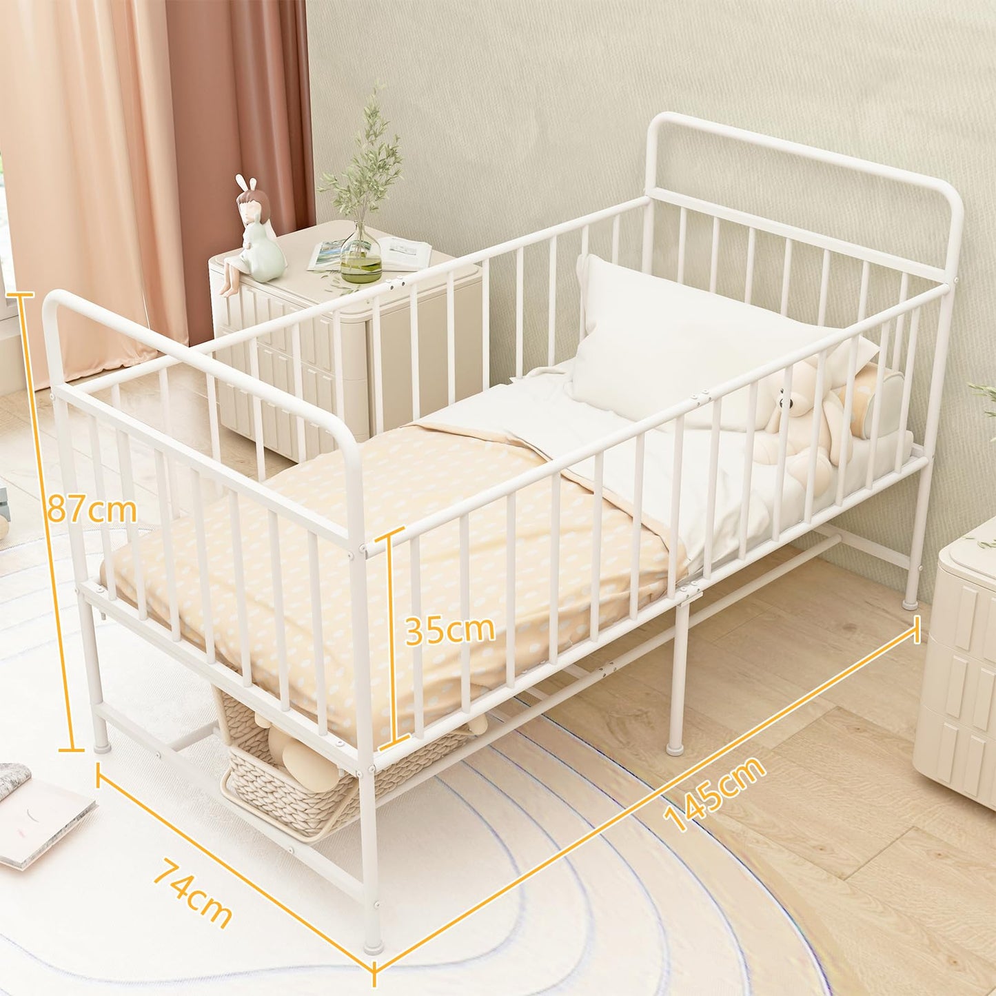 Uzelia Cuna Convertible para Bebé 4 en 1, Cuna para Bebé de Metal con Barandales de Seguridad, Cama Infantil, Daybed y Sofá para Niños, Estructura Resistente con Almacenamiento Inferior, Blanco