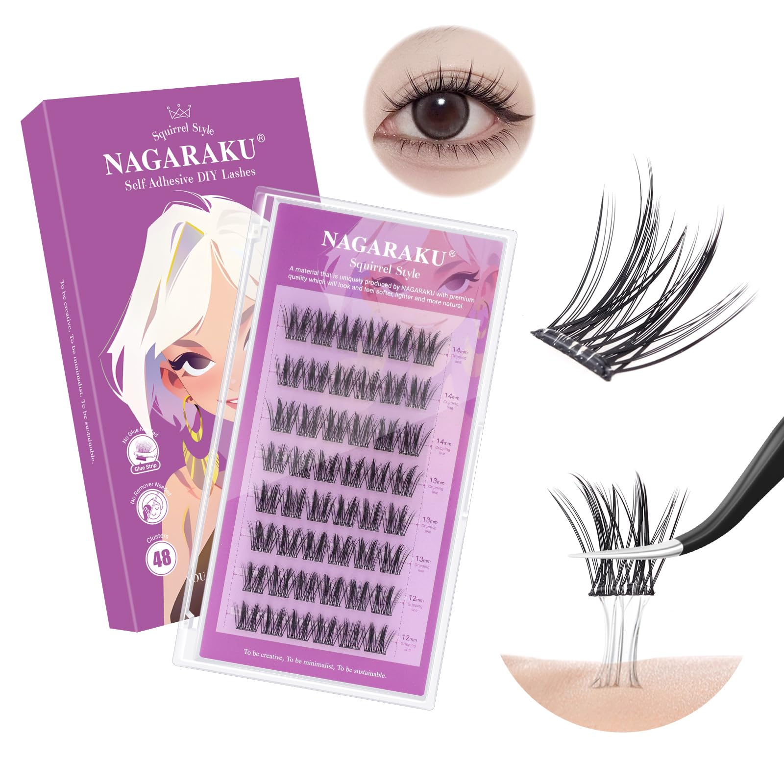 NAGARAKU Grupos De Pestañas Autoadhesivos Para 48 Pcs No Necesita Pegamento Ni Removedor Presión En Un Solo Paso Pestañas Reutilizables Prepegadas En Casa Estilo Ardilla (SA-19, 0.07 C Curl 12-14mm)