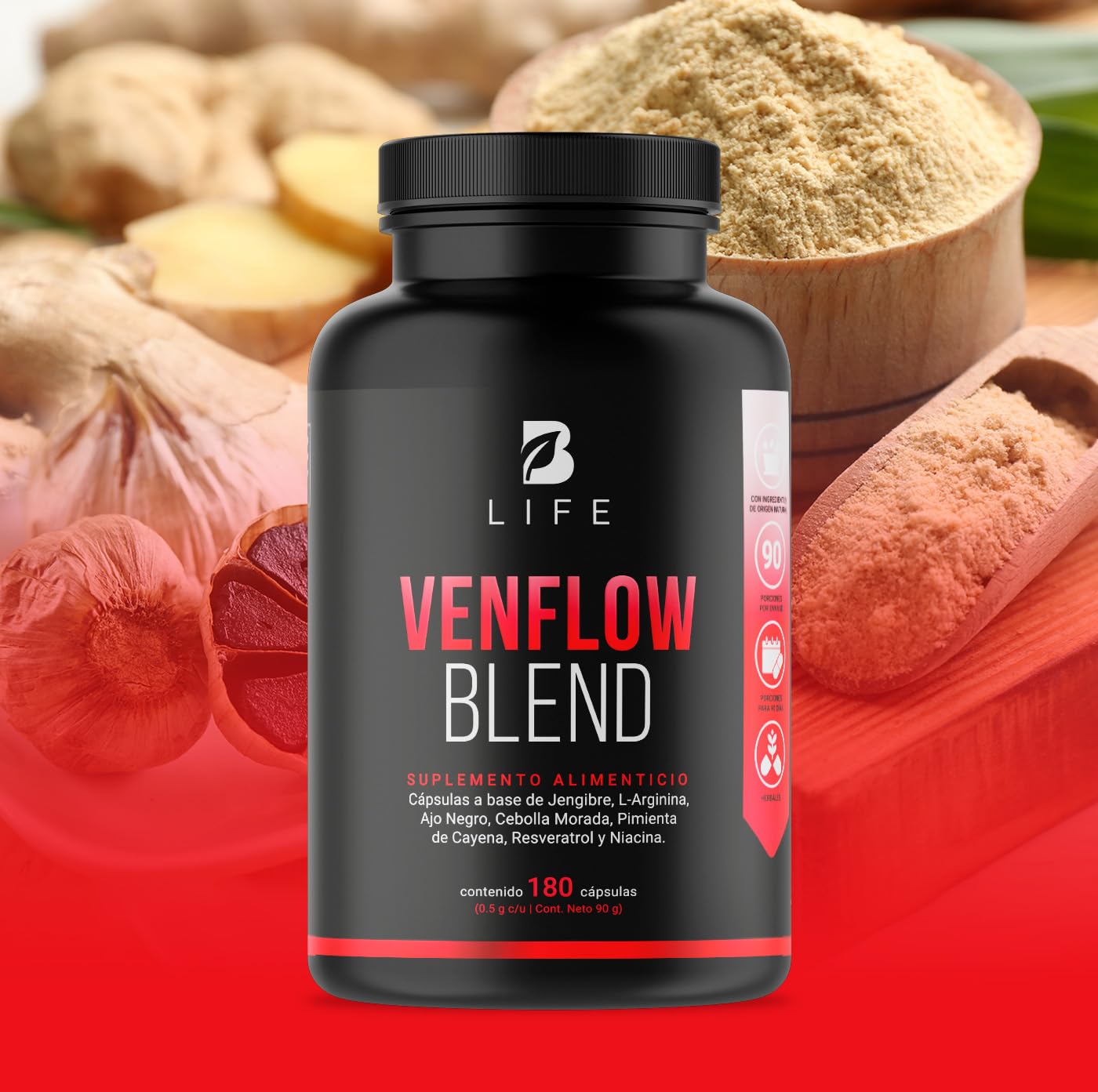 B Life Company Venflow Blend de 180 cápsulas. Ingredientes naturales: Jengibre, Ajo negro, Arginina, Resveratrol, Vitamina B3, Cebolla Morada y Pimienta de Cayena. Venflow Blend.