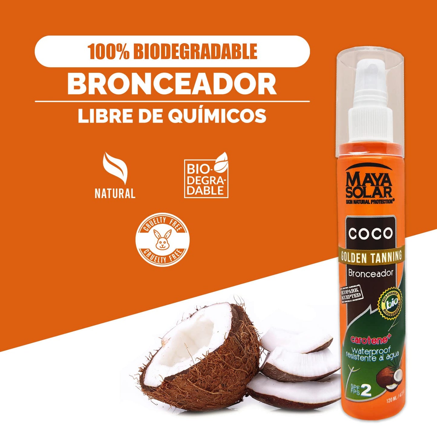 Maya Solar Aceite Bronceador de Coco FPS 2, Hidratante, 100% Ecológico
