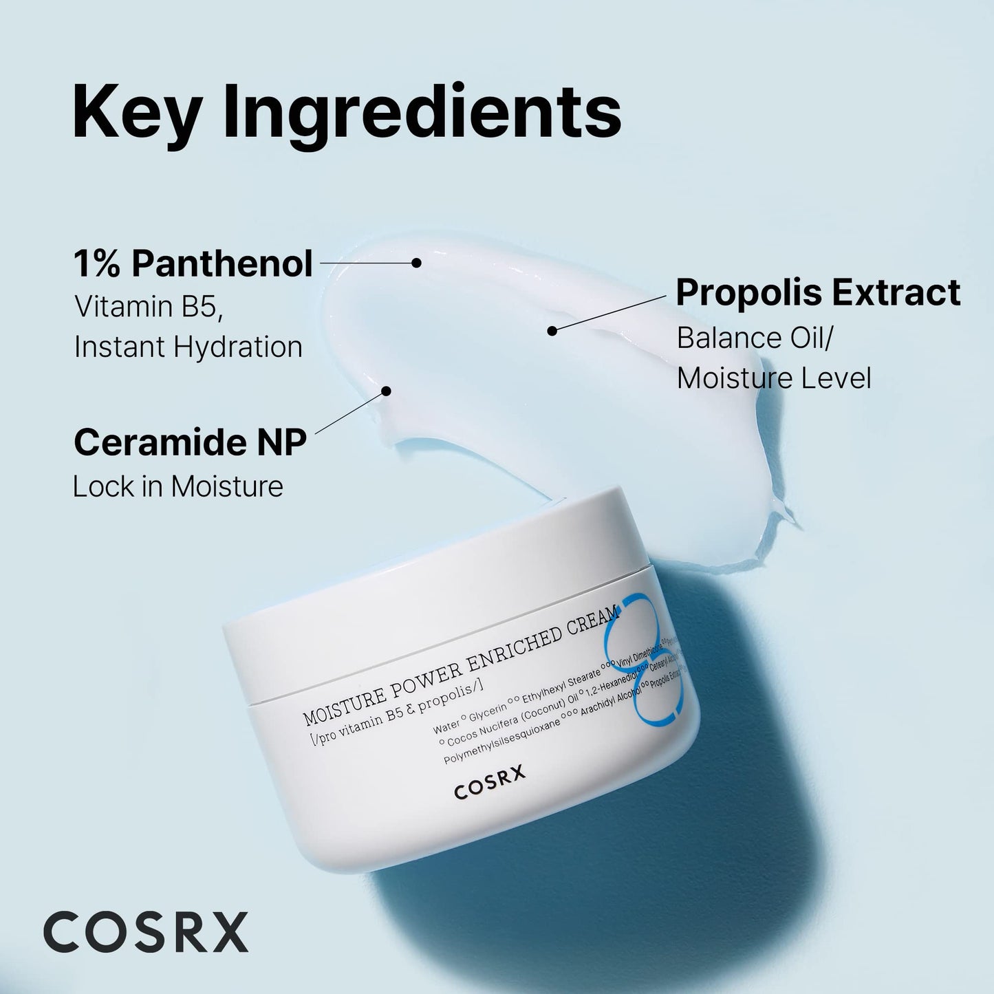 COSRX Hydrium Moisture Power - Crema enriquecida de 50 ml, propóleo, crema de terciopelo centella, cuidado de la piel coreana, sin pruebas en animales, sin parabenos