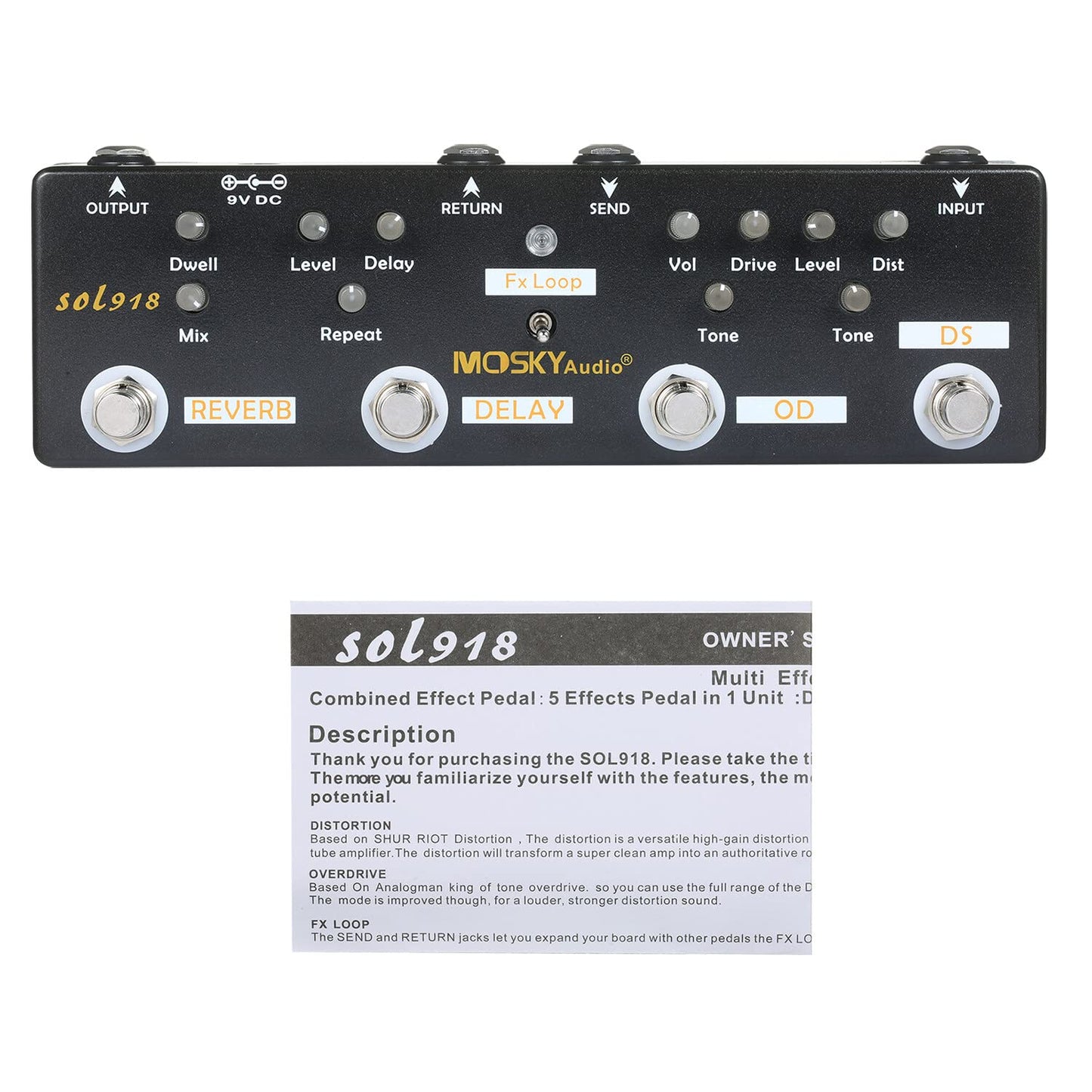 Ll SOL918 Pedal multiefectos 5 en 1 Pedal de efectos combinados para guitarra True Bypass Dispositivo de efectos combinados multien uno Reverb Delay FX Loop Overdrive Distorsión para guitarra Bajo Produ