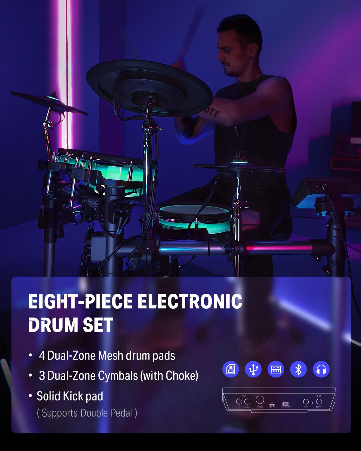 Donner BackBeat - Juego de batería eléctrica con visualización táctil de 7 pulgadas de alta tecnología, 1126 sonidos, personalizar los colores de la almohadilla de tambor, cableado interno del rack y