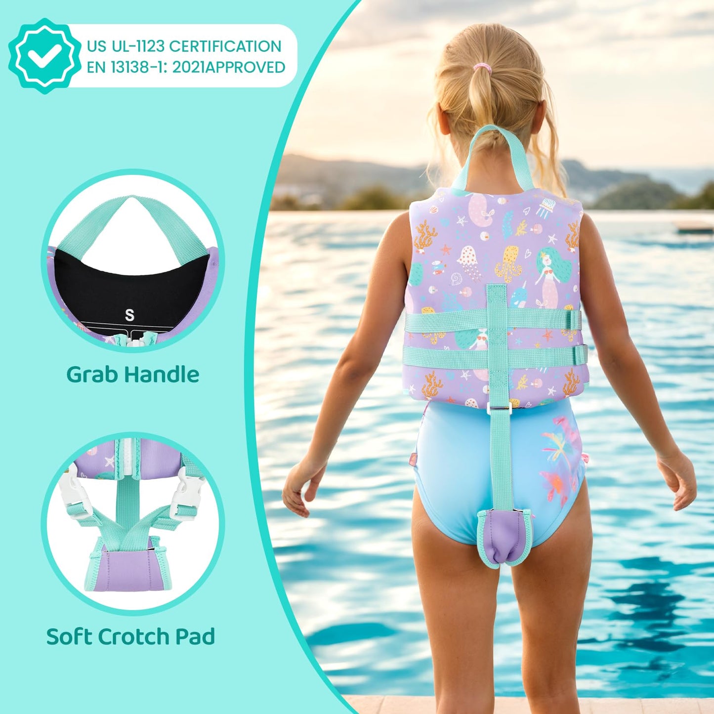 Boglia - Chaleco de natación para niños y niñas de 20-30-40-50-60-70-80-80 libras con correa de seguridad ajustable