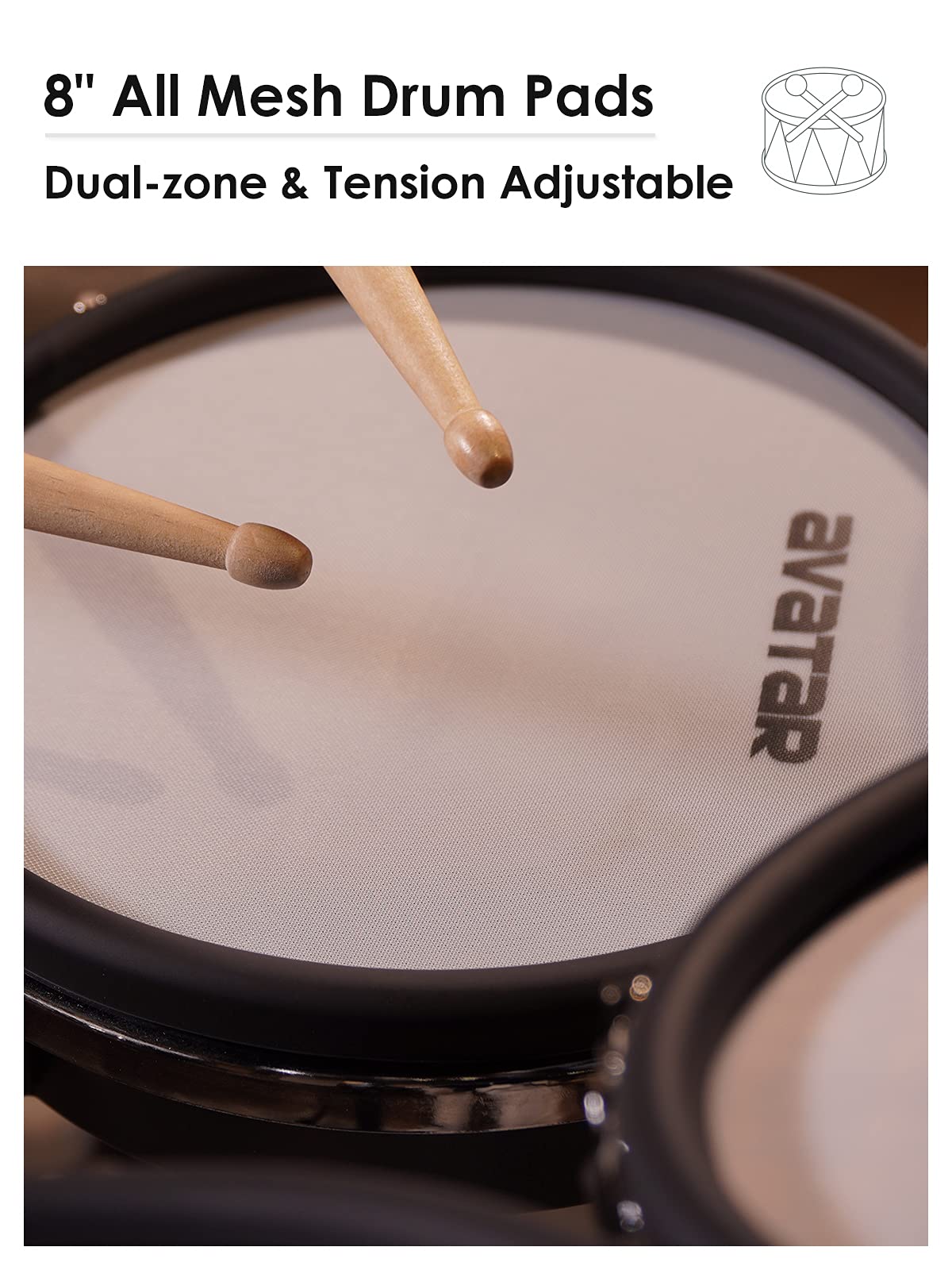 HXW Paquete De Pads De Tom/Snare Con Cabeza De Malla De Zona Dual Para Batería Electrónica, 8 Pulgadas Paquete De Pads De Batería De 8" Negro