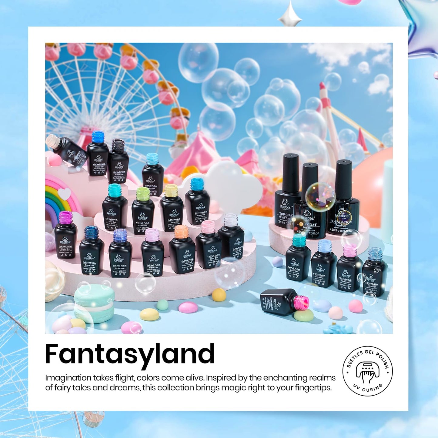 Beetles 20Pcs Gel Nail Polish Kit con 3pcs Base Top Coat Fantasyland Collection 2023 Trendy Primavera Verano Pastel Bright Pink Purple Gel Polish Set Navy Blue Green Glitter Soak Off Led Gel Nail Kit para niñas Mujeres