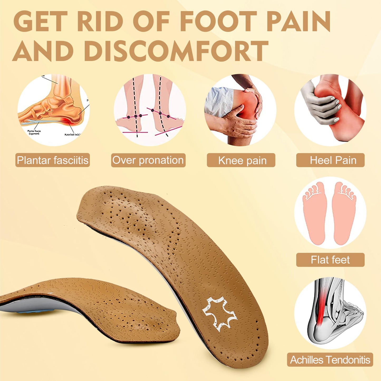 Insertos ortopédicos de longitud 3/4, soporte de fascitis plantar medio con almohadilla metatarsiana para talón, plantillas de piel ligera para zapatos de pie para mujeres y hombres, soporte de arco alto para pies planos, caminar, ejercicio, XS