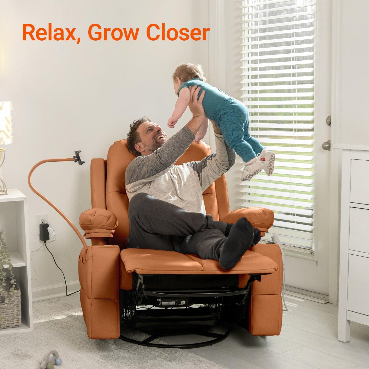 MAMAZING - Silla mecedora para guardería con reposabrazos ajustables, silla reclinable con planeador eléctrico para lactancia, silla reclinable giratoria con puerto USB y almacenamiento, certificado
