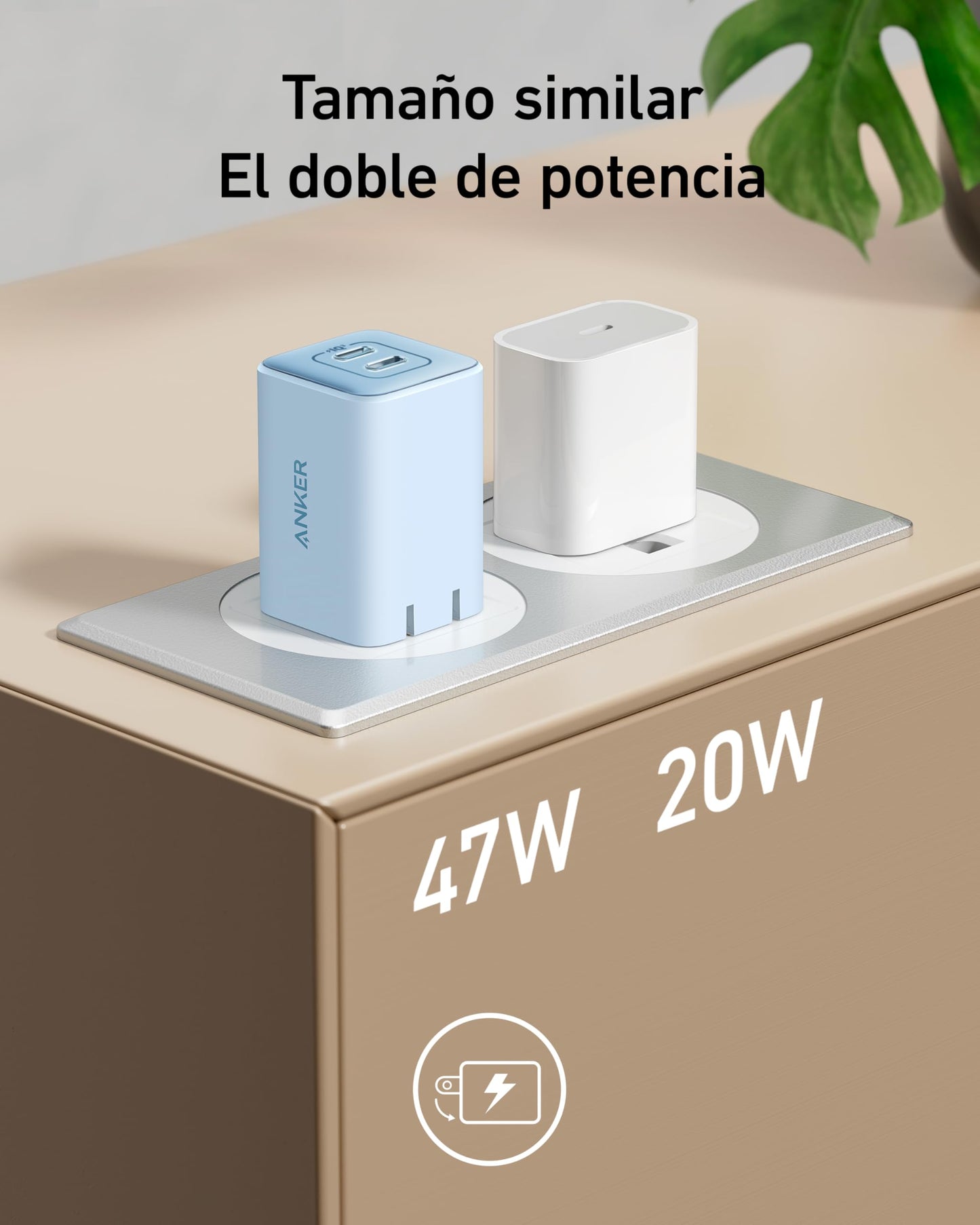 Anker Cargador USB-C 47 W, Cargador 523 (Nano 3), Cargador rápido GAN Compacto de 2 Puertos para iPhone 14/14 Plus/14 Pro/14 Pro Max/13, Galaxy, Pixel 4/3, iPad/iPad Mini (Cable no Incluido)