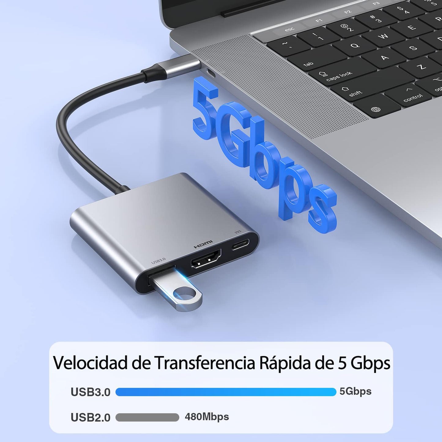 Adaptador USB C a HDMI 3 en 1 para MacBook Air Plata Compatible con Dispositivos Tipo C