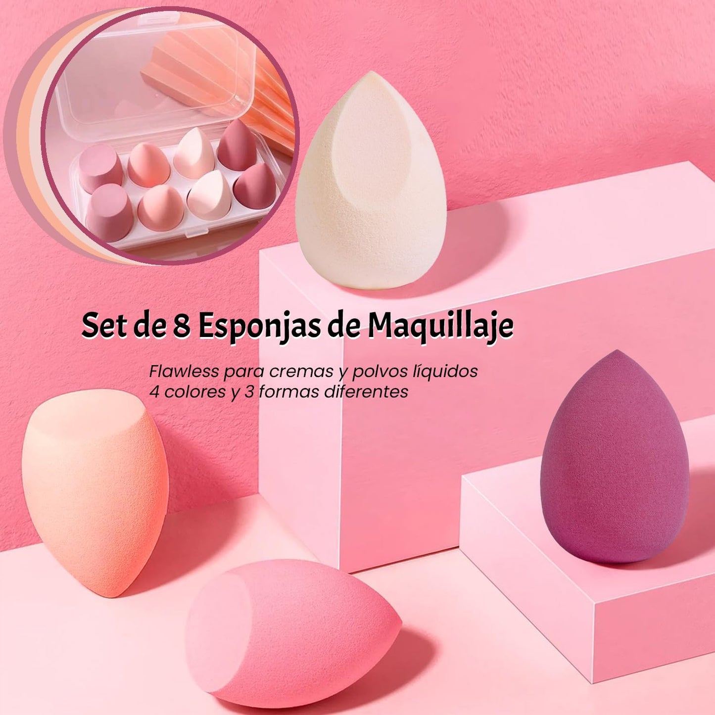 Esponja maquillaje beauty blender, set de 8 piezas, varias formas, uso húmedo y seco, ideal para maquillaje facial. Completa tu rutina con estas esponjas faciales de alta calidad en color rosa.