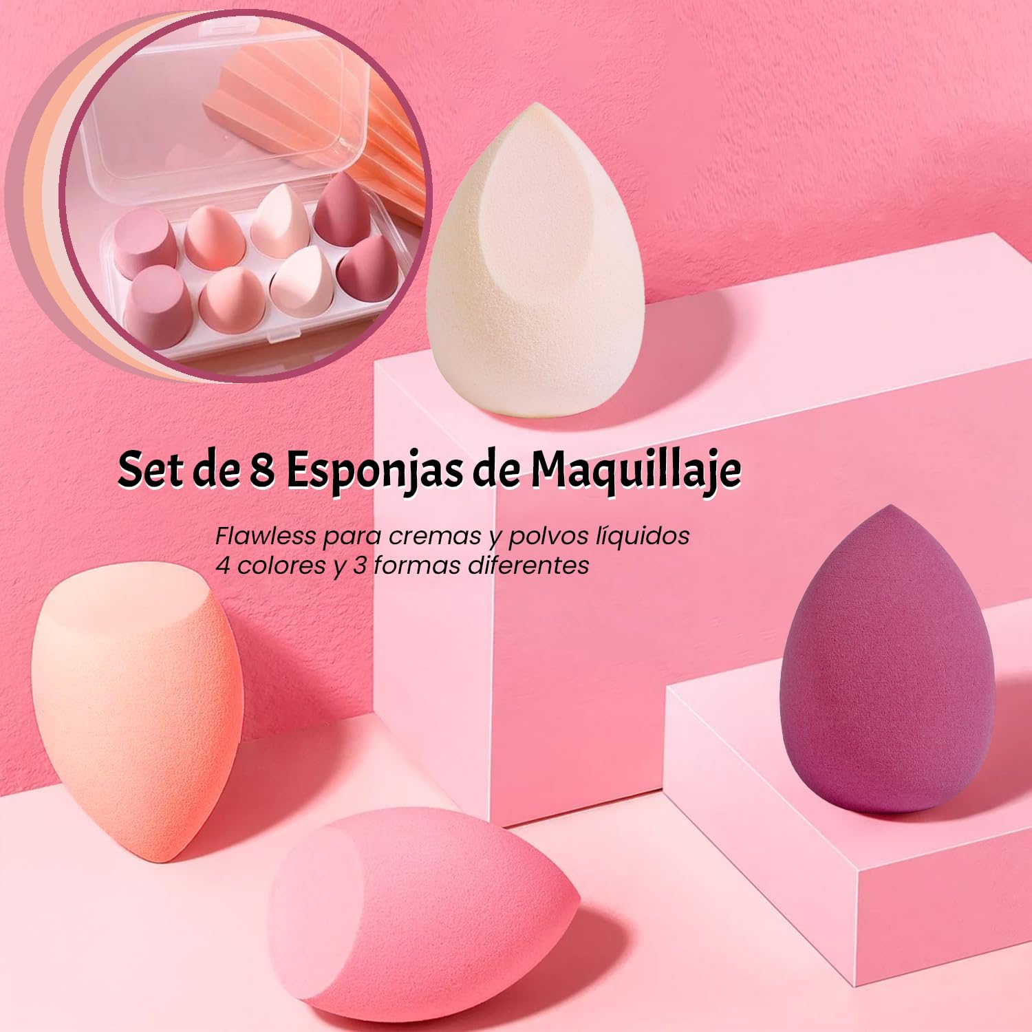 Esponja maquillaje beauty blender, set de 8 piezas, varias formas, uso húmedo y seco, ideal para maquillaje facial. Completa tu rutina con estas esponjas faciales de alta calidad en color rosa.