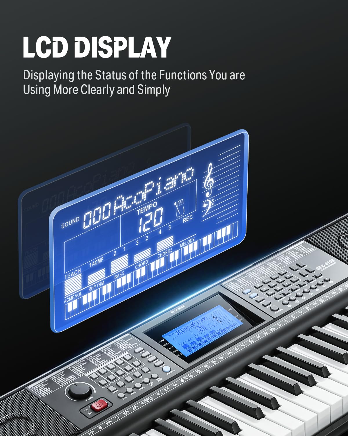 Donner - Piano de teclado de 61 teclas, kit de teclado de piano eléctrico con 249 voces, 249 ritmos, incluye soporte para piano, taburete, micrófono, regalo para principiantes, negro (DEK-610S)