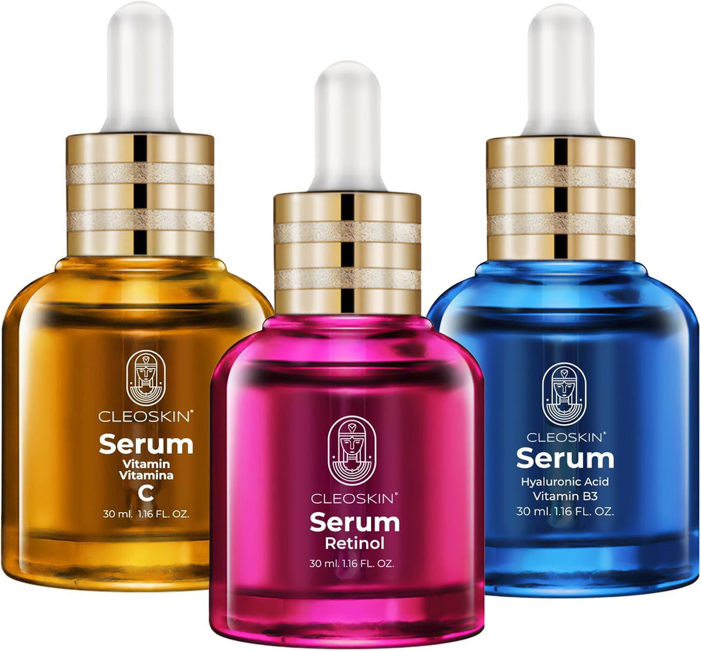 CLEOSKIN Kit 3 sueros faciales, Serum Vitamina C (ácido ascórbico), Serum Ácido Hialurónico con Niacinamida y Serum retinol (Vitamina A). Para el cuidado de la piel