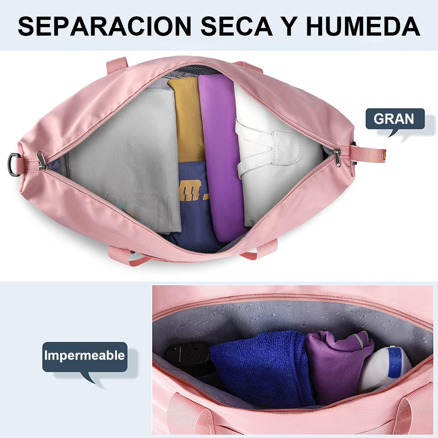 Bolsa de Viaje ZIRONG Rosa con Separación Húmedo y Seco para Mujer Hombre