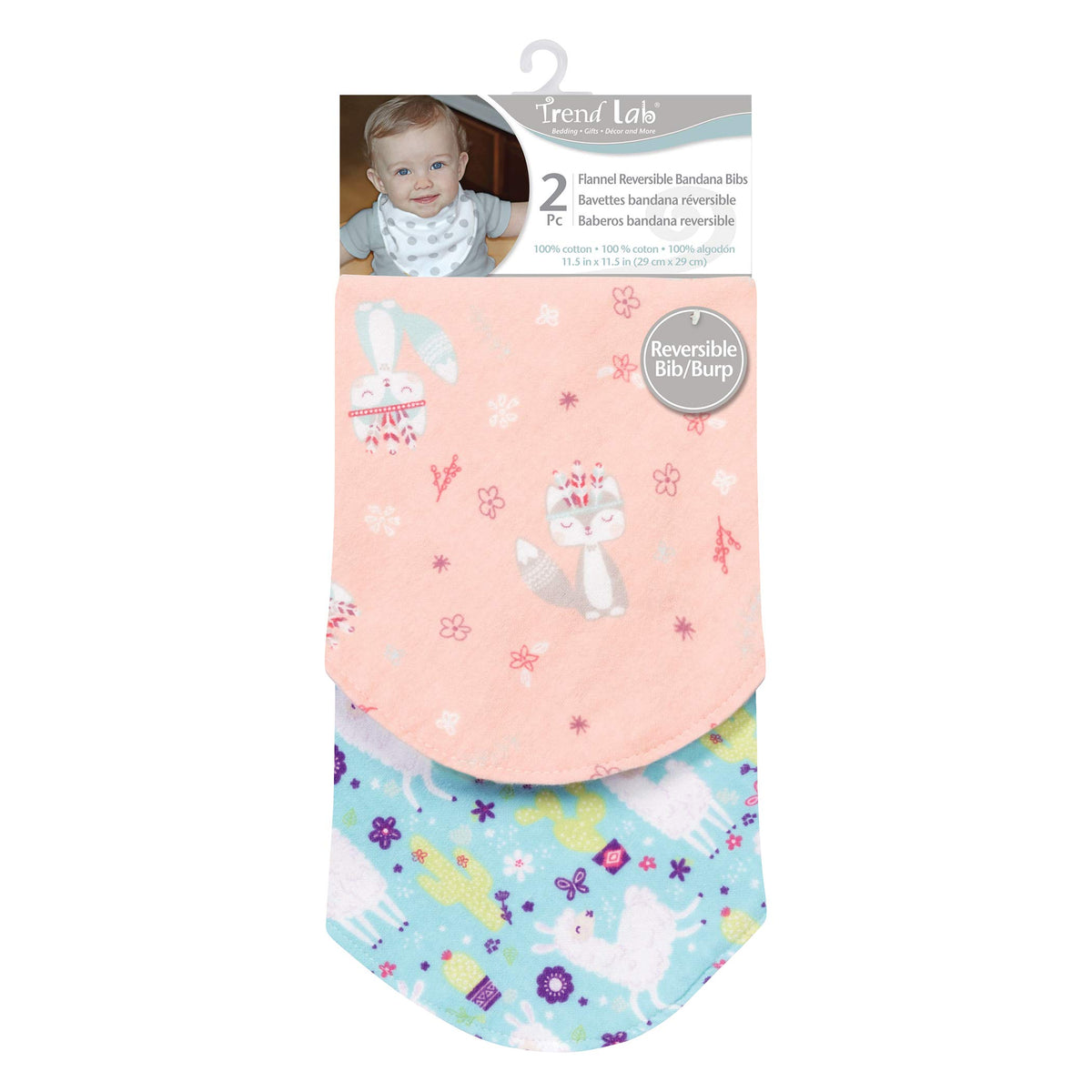 Southwest Llama - Juego de 2 baberos reversibles de franela con estampado de zorro/lunares, llama/cheurón, rosas, menta, gris, turquesa, lima, franela 100% algodón, cierre a presión, 11.5 x 11.5 pulgadas