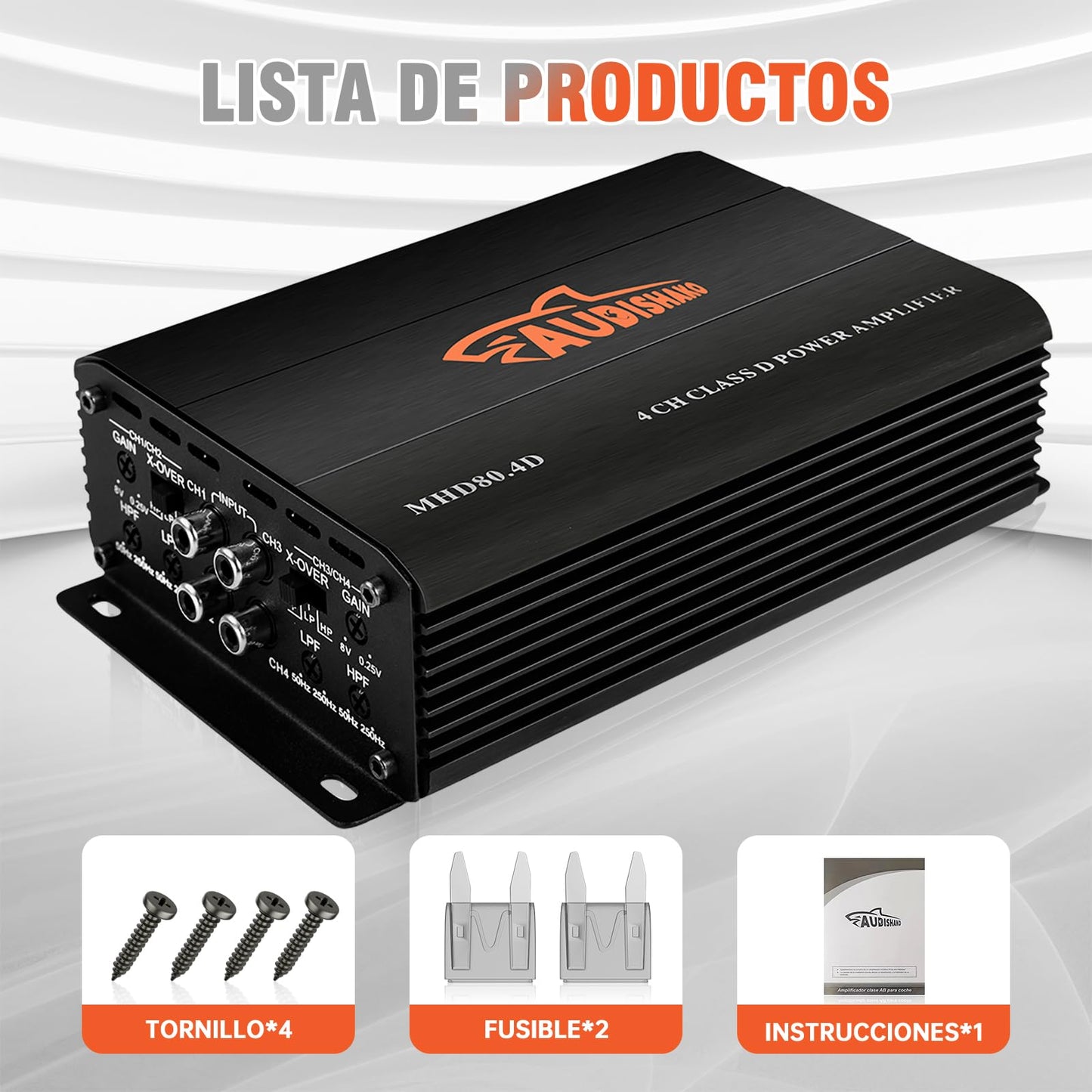 AUDISHAKO 1200W Amplificador de Audio de 4 Canales,Amplificador para Auto de Clase D, 2 Ohm 160W x 4 Canales para Motocicletas, Coches Deportivos y Otros Sistemas de Audio para Coche