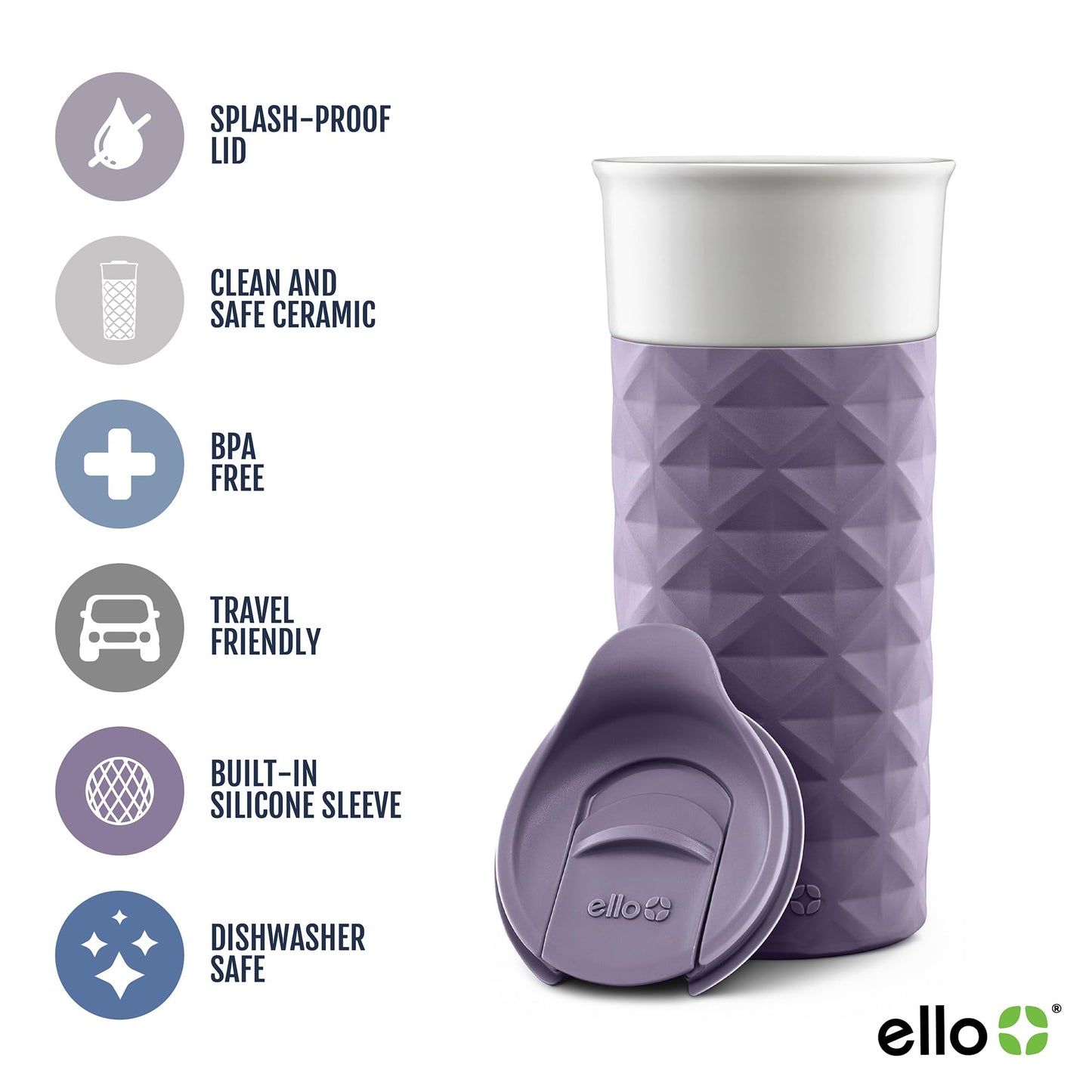 Ello Ogden BPA-Free Ceramic Travel Mug with Lid, Deep Purple, 16 oz