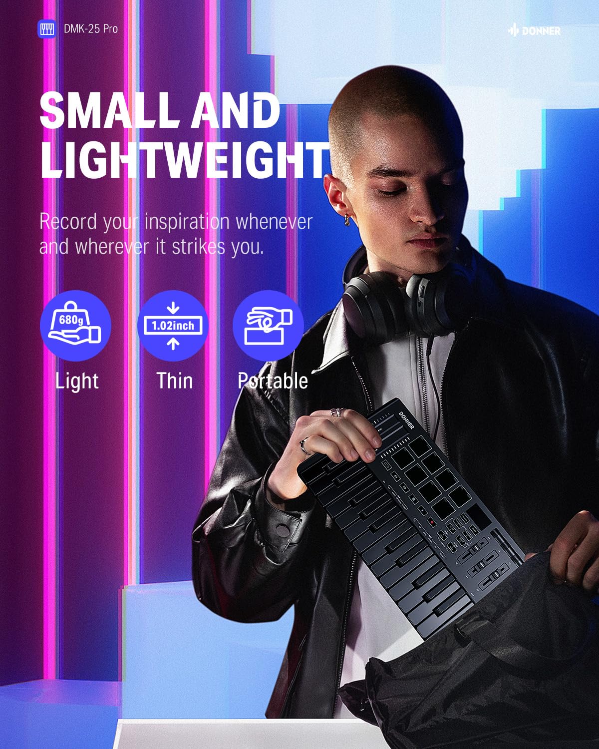 Donner driver de teclado MIDI USB-C con 25 teclas mini teclado MIDI portátil con 8 almohadillas para orejas de batería, visualización OLED, 16 escalas inteligentes, arpegio, repetición, 4 software DAW
