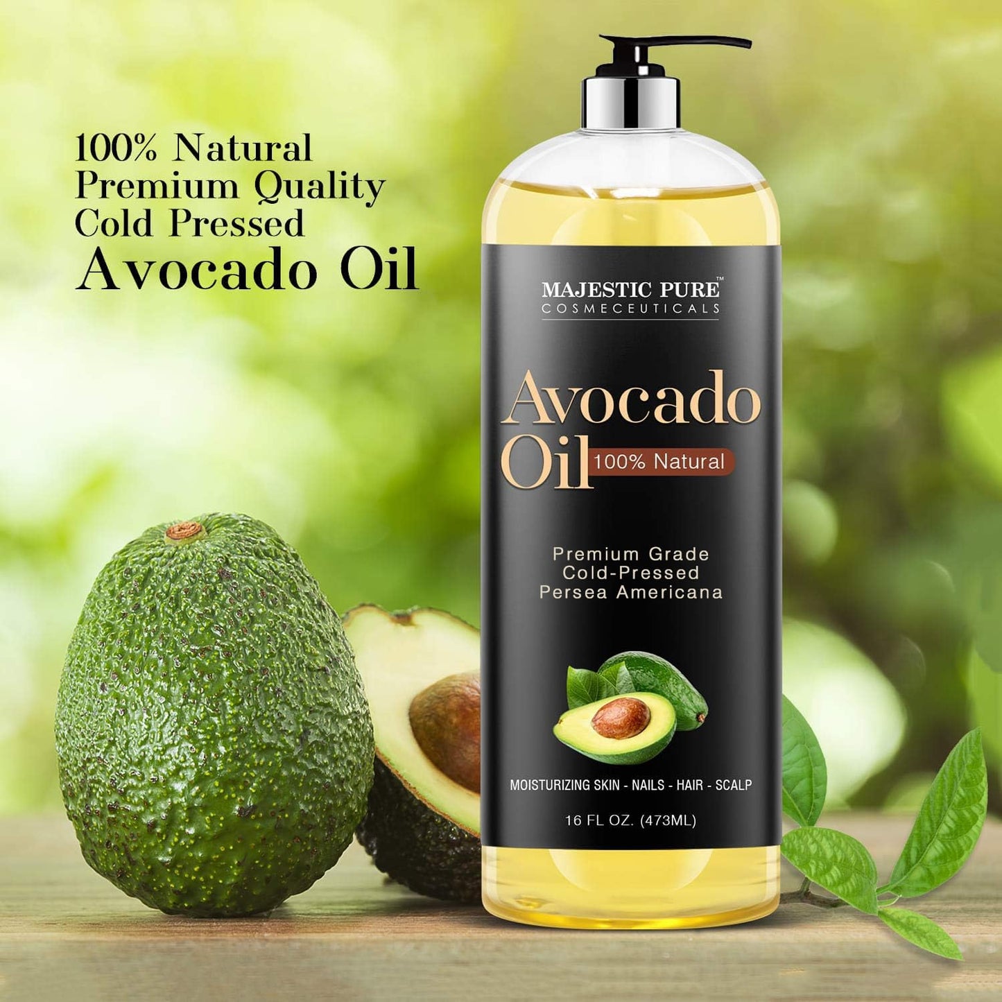 MAJESTIC PURE VIOPY Avocado Oil for Hair and Skin - 100% Pure and Natural, Cold-Pressed, for Skin Care, Massage, Hair Care, and Carrier Oil to Dilute Essential Oils, 470ml