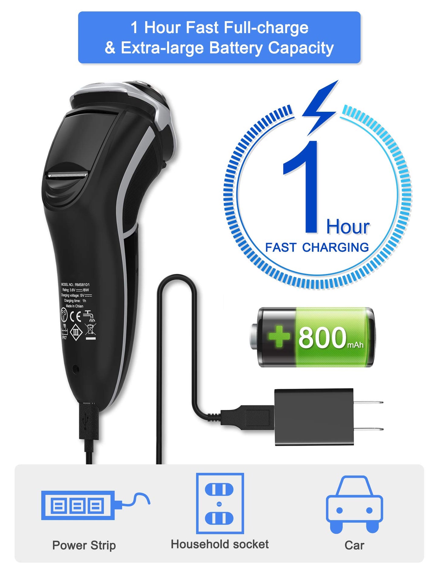 Afeitadora eléctrica para hombres - MAX-T Afeitadora rotativa 3D recargable con cable e inalámbrica para hombres con recortador de patillas emergente húmedo y seco con adaptador de pared 100-240 V