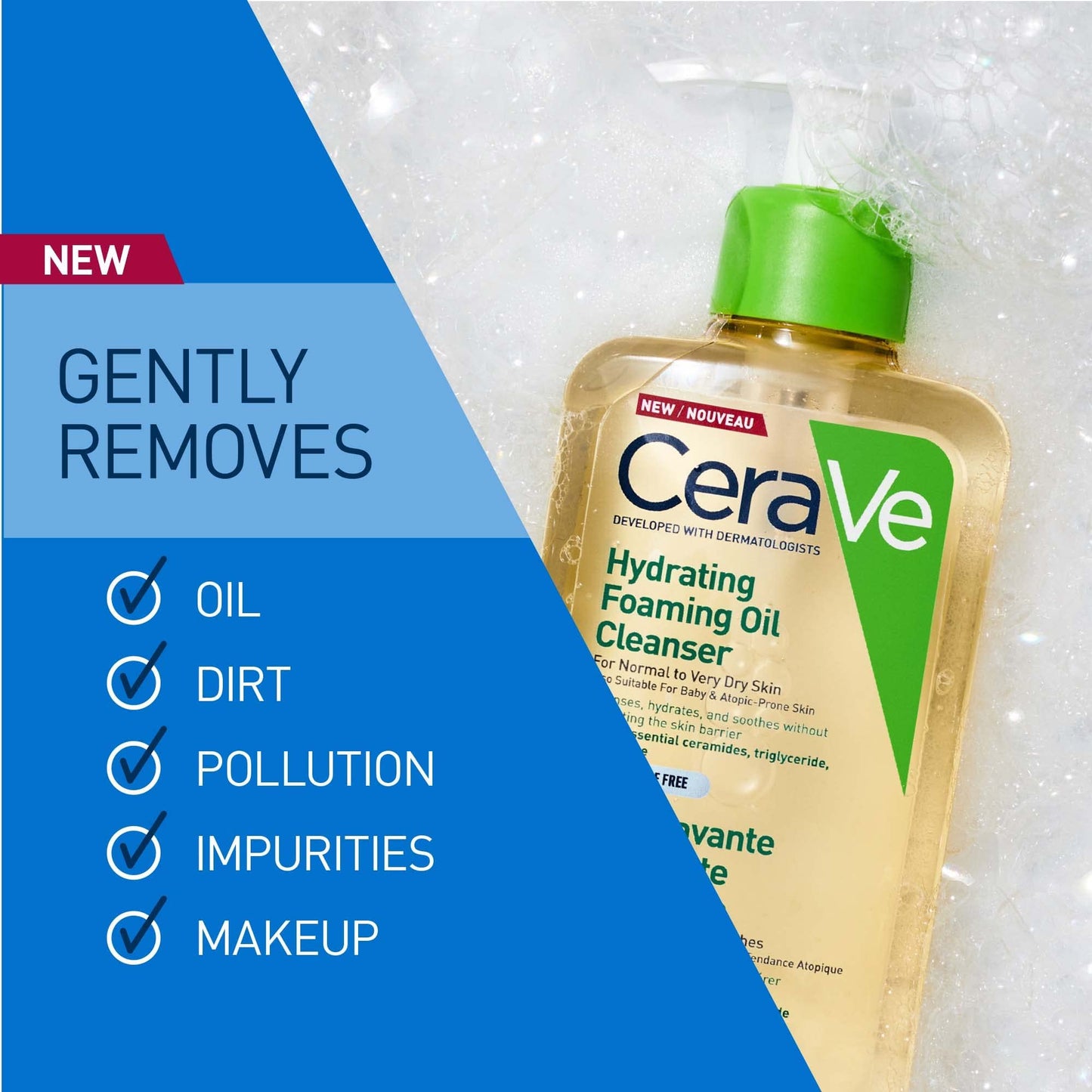 Cerave Hydrating Oil Cleanser Normal to Dry Skin 473 ml + Gel Limpiador Espumoso |473ml| Limpiador diario para piel mixta, grasa o con acné | Libre de fragancia